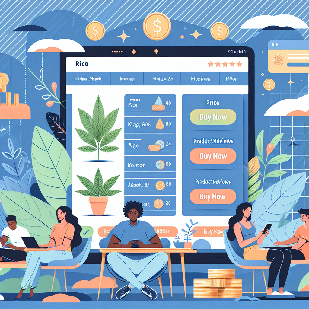 An inviting and hassle-free digital environment that symbolizes wellness and positivity. The scene includes an elegantly designed online shopping platform with soothing colors, and it is displaying various types of kratom leaves. The platform has clear indications of product details such as 'price', 'product reviews', and a 'buy now' button. The background contains abstract elements depicting deals and savings, accompanied by relaxed consumers showing signs of wellness. The consumers are of different genders and descents, like a Black woman sitting at her desk, a Hispanic man using his mobile phone, an Asian woman using her tablet, and a Caucasian man on his laptop.