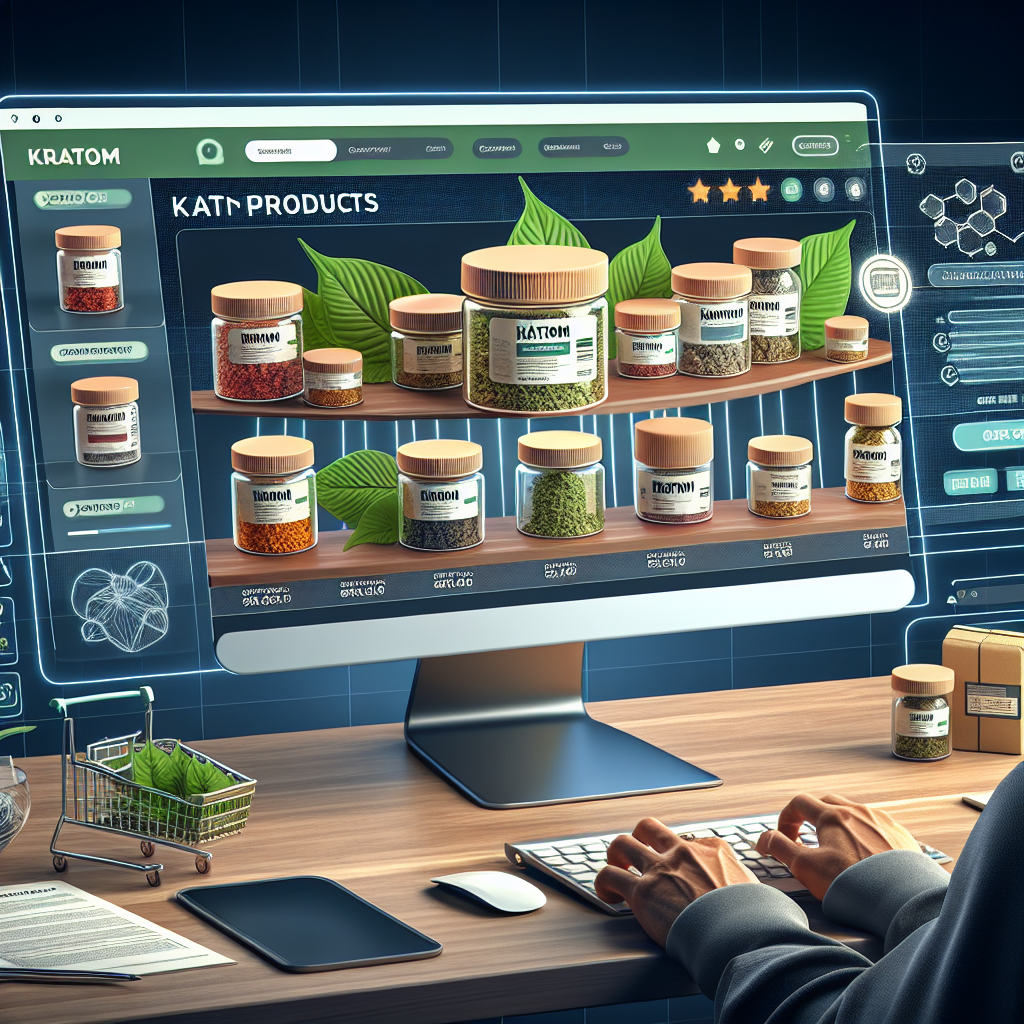 A detailed image showing a person sitting at a contemporary computer setup, in the midst of browsing an online webpage that houses an array of quality Kratom products for sale. The webpage displays clear images of various Kratom products packaged in small environmentally friendly containers with clear labeling. There is also visible, a practical guide to dosages and instructions for safe use near the product display. A digital shopping cart with a few selected items is also visible on the side. The overall setup reflects trustworthiness and quality assurance.