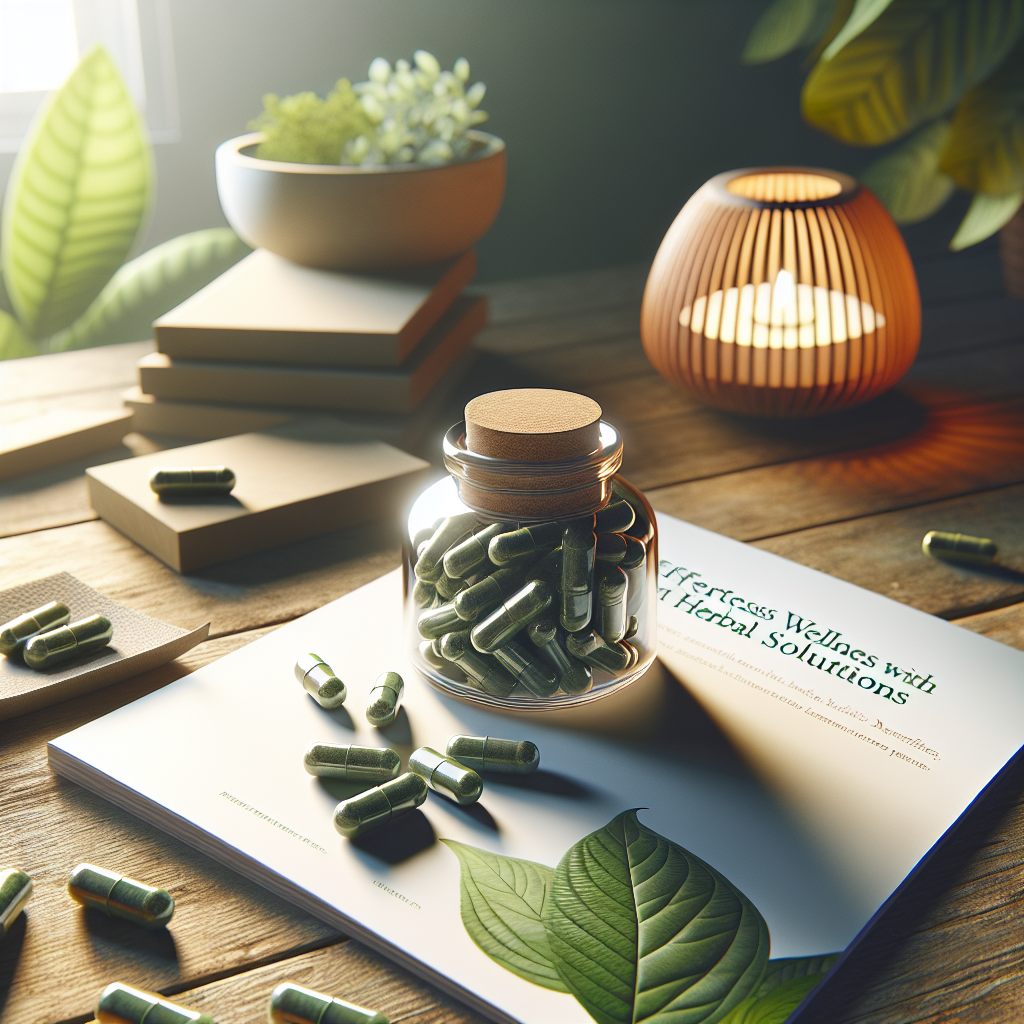 A scene relating to natural health and wellness, pertaining particularly to Kratom capsules. Picture a softly lit wooden table, upon which is a small, open glass jar overflowing with Kratom capsules. The capsules are a deep green color, hinting at the natural ingredients within. Beside it, a folded brochure with the topic 'Effortless Wellness with Herbal Solutions', visible in bold letters. In the background, elements of a serene home environment, perhaps an indoor plant and a lit aroma diffuser, bringing a sense of tranquility into the scene.