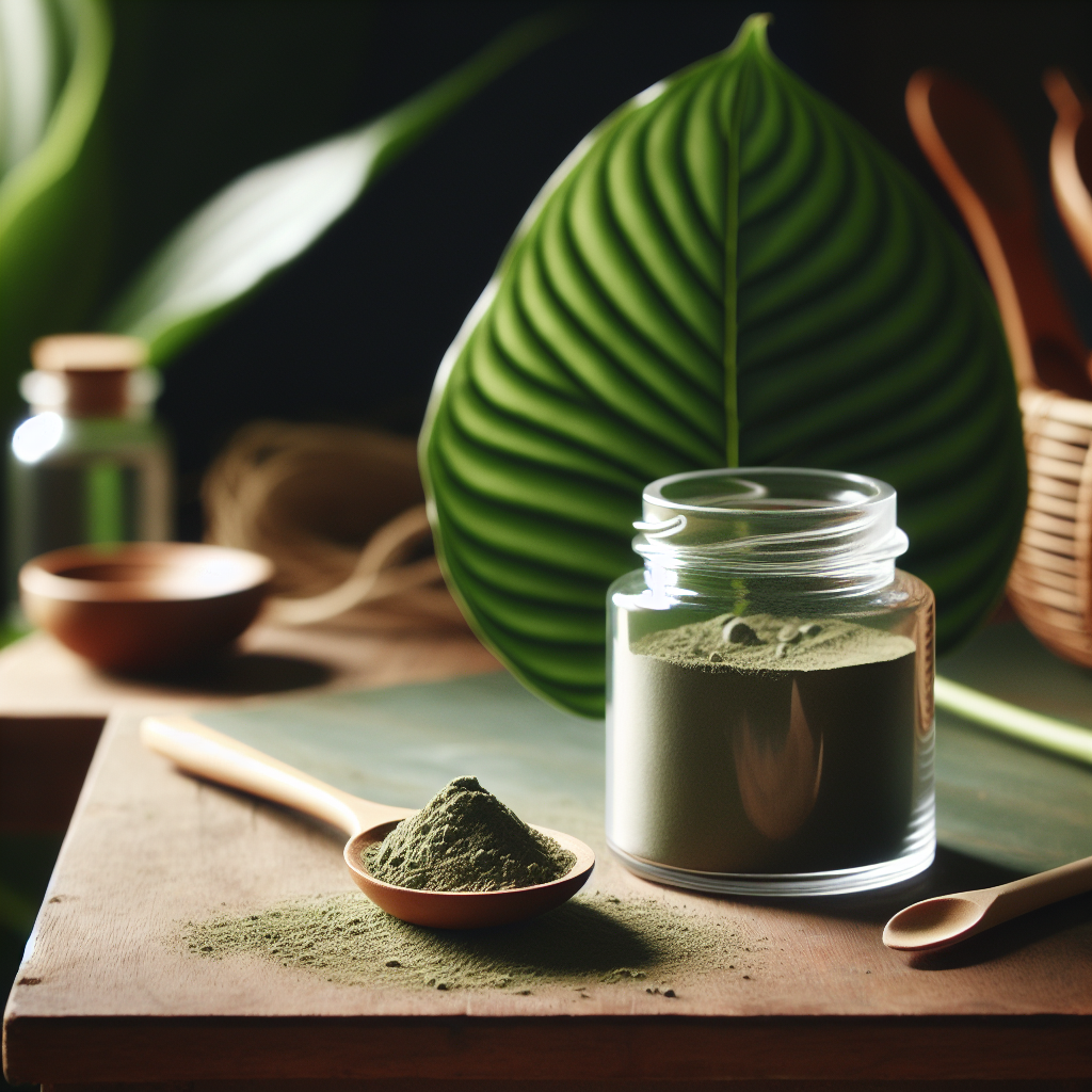 Visualize a serene wellness setting with a minimalist aesthetic. In the foreground, a glass jar labeled 'Kratom Powder' sits atop a wooden table, filled to the brim with finely ground, greenish powder. Beside it, a wooden spoon lies gently, enriching the scene's natural undertone. In the background, a deep green, tropical leaf peacefully sits, symbolizing the ceremonial, traditional use of kratom. Focus on the textures and colors to convey a sense of health and well-being.