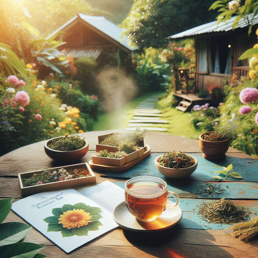 Picture an inviting scene of relaxation with an emphasis on nature. Imagine a table set outside in a peaceful garden full of blooming flowers and various types of greenery. On the table, there's a freshly brewed cup of Kratom tea, its steam gently rising in the cool air. Beside the cup, there's a small booklet titled - 'Stunning Benefits of Kratom Tea'. Sprinkled across the booklet are dried kratom leaves. Sunlight filters through the trees, casting a warm light on the scene, suggesting a place of tranquil serenity and effortless relaxation. There are no humans in the scene.