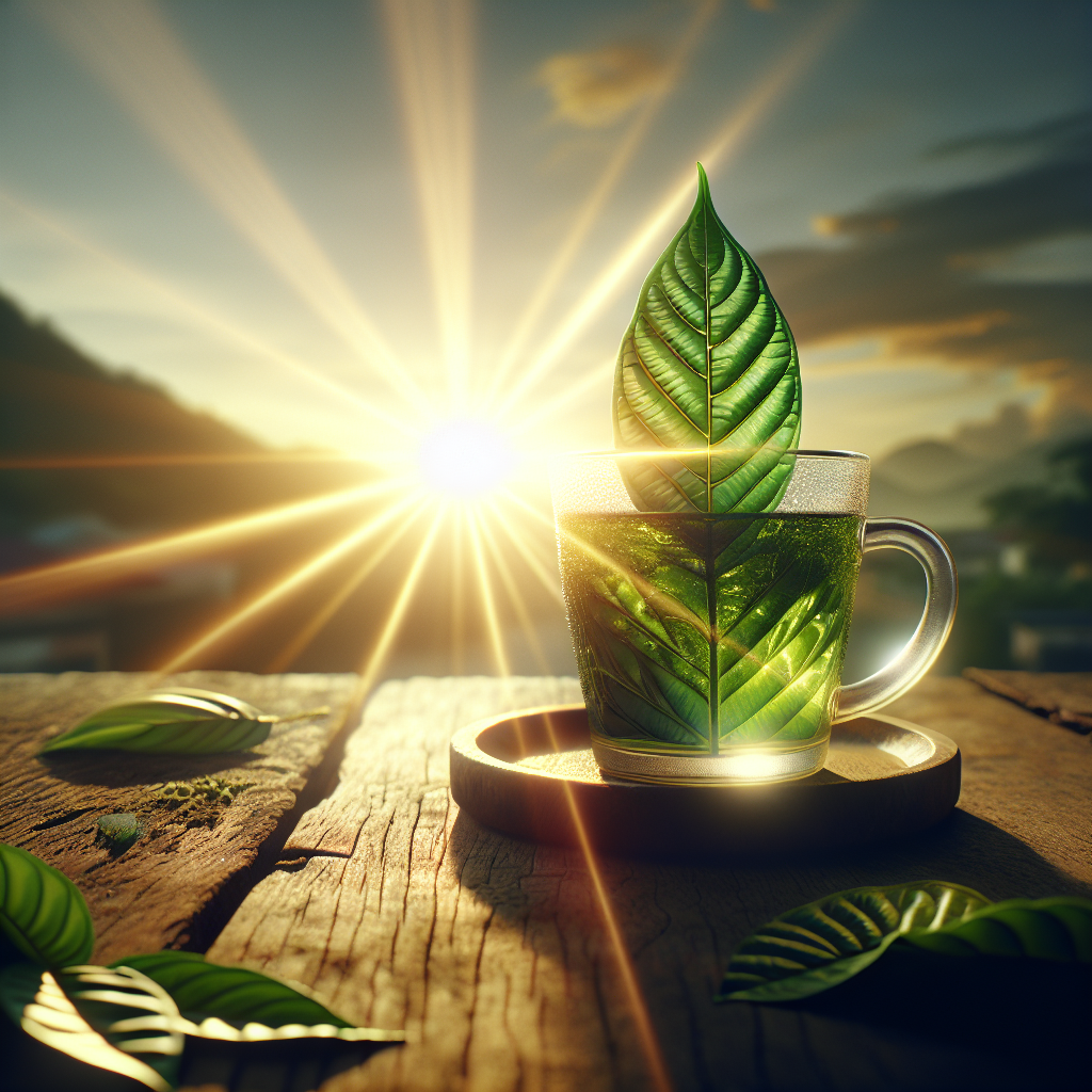 Create an eye-catching image for an article about Kratom drinks. The image should convey a sense of energy and positivity to align with the theme of an 'effortless boost for your day.' Show a vibrant, green kratom leaf steeped in a glass cup, with radiant sunlight streaming through the cup, creating a beautiful glow. The rays of the sun can symbolize the energy boost brought by the drink. On the side, a classic rough wooden table on which the cup stands, and in the background, an early morning scene to suggest the start of the day.
