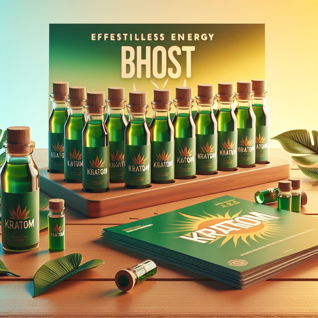 An image representing the concept of Kratom shots for boosting energy. The scene should include a wooden table with several unbranded, sleeveless glass shot bottles filled with a vibrant green liquid. Each bottle should also have a small tag attached, with 'Kratom' written in stylized cursive. The table is placed against a gradient background transitioning from sunrise yellow at the bottom to a light, clear blue at the top, representing the revitalizing effects of an energy boost. The table also hosts a few fallen tropical leaves near the edges and a brochure with the title 'Effortless Energy Boost'.