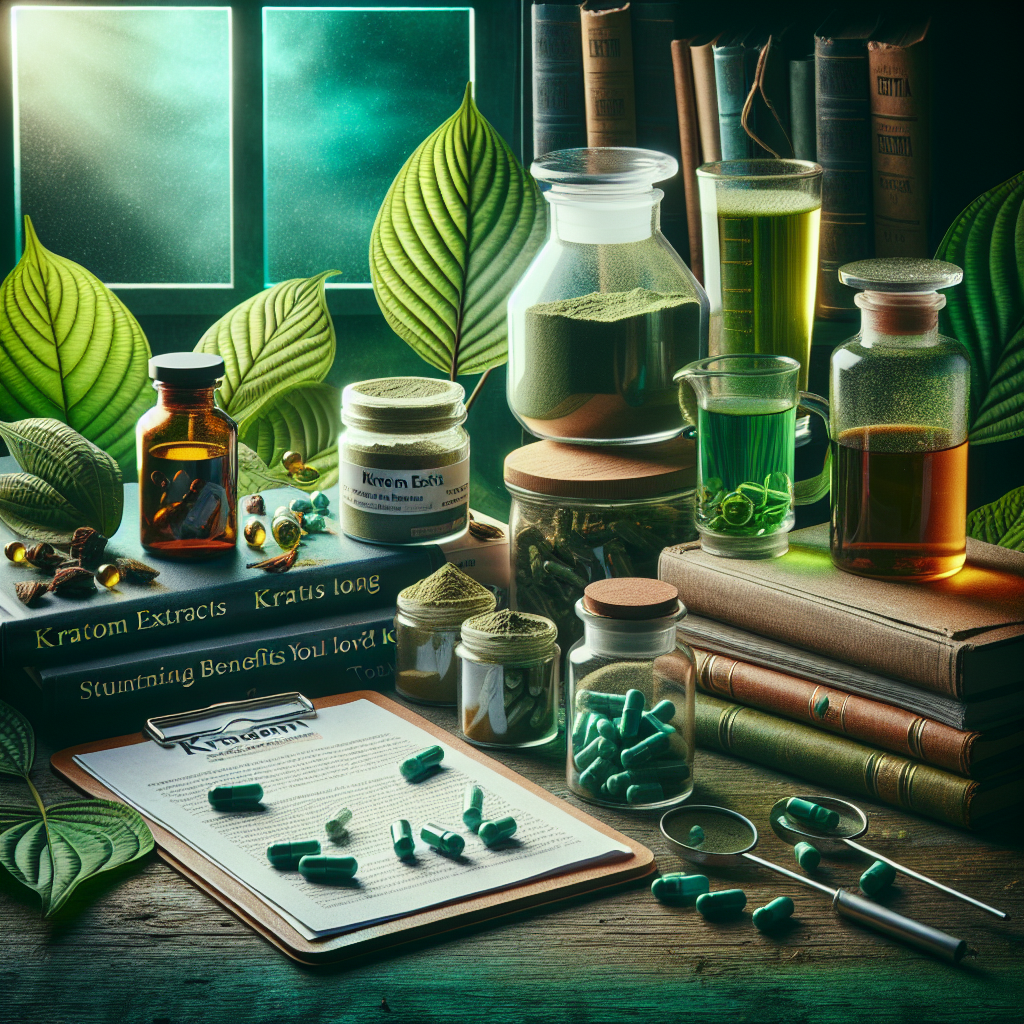 In the center of the image, there's a setup of Kratom extracts displayed in various forms such as powder in a glass jar, capsules, and liquid tonics. The scene takes place on a rustic wooden table with some Kratom leaves subtly resting in the background. There's a soothing green light pouring in through a window at one corner casting a mild glow on the items. Scattered around, there are some scientific books opened to pages discussing Kratom, as well as a clipboard with the title of an article that reads: 'Kratom Extracts: Stunning Benefits You'll Love Today'.