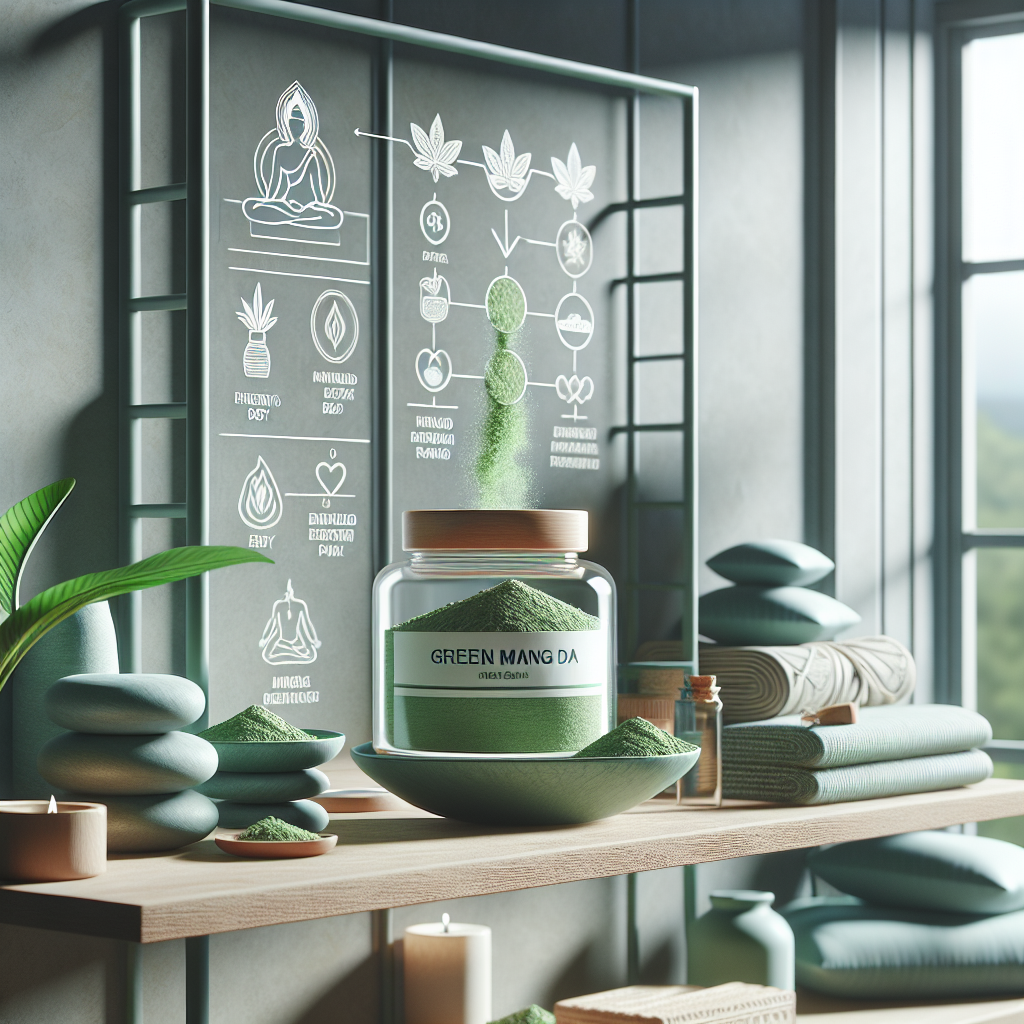 Visual representation of a serene wellness-themed environment. Depict a shelf with various natural wellness products. One of the prominent items is a clear glass container filled with bright green, finely ground herbal powder labeled 'Green Maeng Da Kratom'. Paired with the container is an annotated infographic highlighting the must-have benefits of this particular Kratom strain for wellness—like energy boost, enhanced focus, and pain relief. Balance the image with symbols of healthy lifestyle, such as a yoga mat or meditation cushions, in a softly lit, comfortable room with calming ambiance.