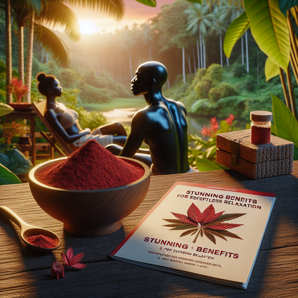 Imagine a picturesque scene where you find a bowl of Red Bali Kratom powder on a rustic wooden table with a lush foliage of tropical greenery in the background. The scene is set at sunset, casting a warm, calming glow over the scene. Lying next to the bowl, there's an informative booklet titled 'Stunning Benefits for Effortless Relaxation'. Nearby, a person of Black descent, with relaxed, content expression, indicates the sense of calm provided by the Kratom. The person is non-gender specific, embodying the idea of relaxation and peace open to all.