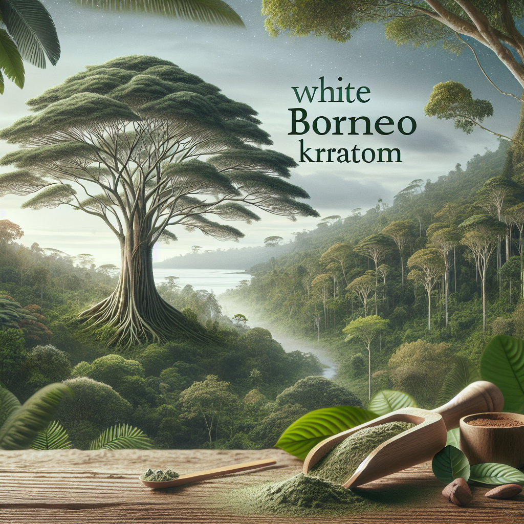 Imagine a scene with a serene landscape of lushly wooded Borneo island in the Southeast Asia. A tall, robust Kratom tree, bearing greenish-white leaves, stands majestically in the heart of the forest. The tree emits an aura of vitality, signifying it as a source of energy. Ground Kratom powder is shown next to a wooden scoop, symbolizing it as a 'must-have solution'. The words 'White Borneo Kratom' hover above the scene in an elegant, organic font, bringing the concept into focus.