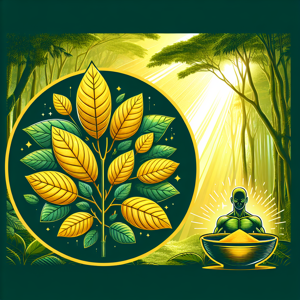 Create a vibrant and eye-catching illustration of Yellow Vietnam Kratom. The image should showcase the plant in its natural habitat, possibly a rich green jungle in Vietnam with sunlight streaming through the dense canopy, illuminating the kratom leaves. Next to it, show a stylized depiction of its benefits, perhaps a person looking healthy, energetic and focused. For inclusivity, make the person a South Asian woman.