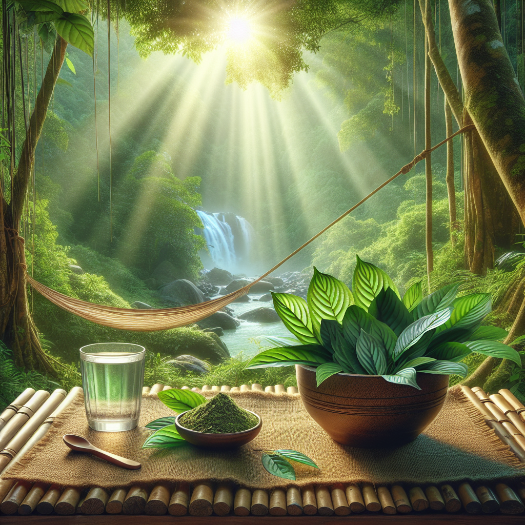Visualize a peaceful and tranquil scene dedicated to ultimate relaxation. In the foreground, there's a small table made of bamboo. On the table, there's a ceramic bowl containing a heap of green Malay kratom leaves. Next to the bowl, there's a glass of clear water and a spoon. The background displays a lush green rainforest, implying the natural habitat of the kratom. Sun rays peek through the dense foliage, casting cheerful light spots around the table. A hammock is tied between two trees at a little distance. A serene waterfall is visible in faraway distance. This image is not endorsing or promoting any usage of Kratom.