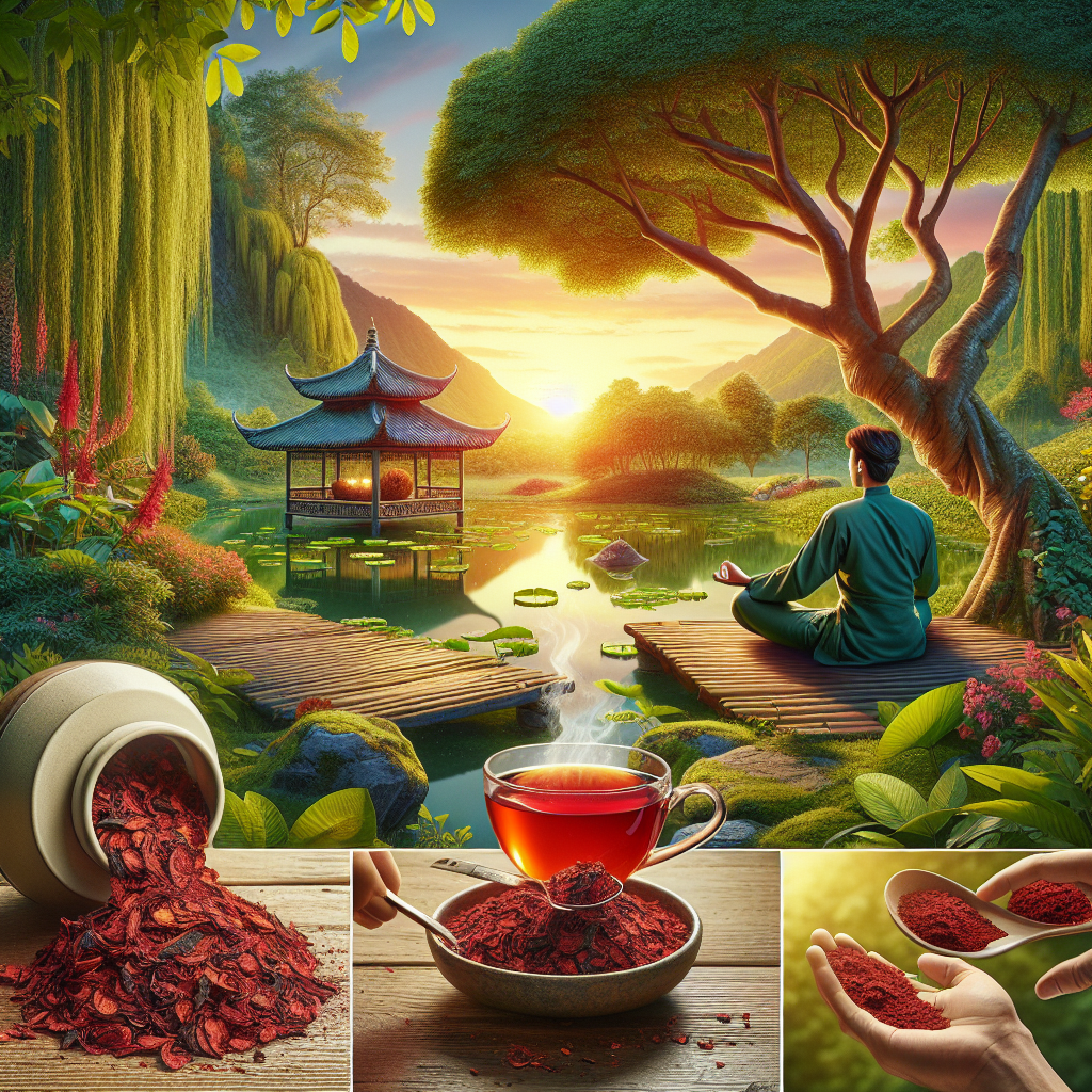 Create a captivating scene embodying ultimate relaxation brought by Red Thai Kratom. Picture a tranquil setting of an Asian tea garden where an individual of South Asian descent is peacefully sipping Kratom tea under a tree. To one side, depict a display of crushed Red Thai Kratom leaves and a bowl of hot, steaming tea. Be sure to include glimpses of the serene environment - calm waters of a small pond, vibrant green foliage, and the setting sun gently casting warm hues across the scene for a calming effect.