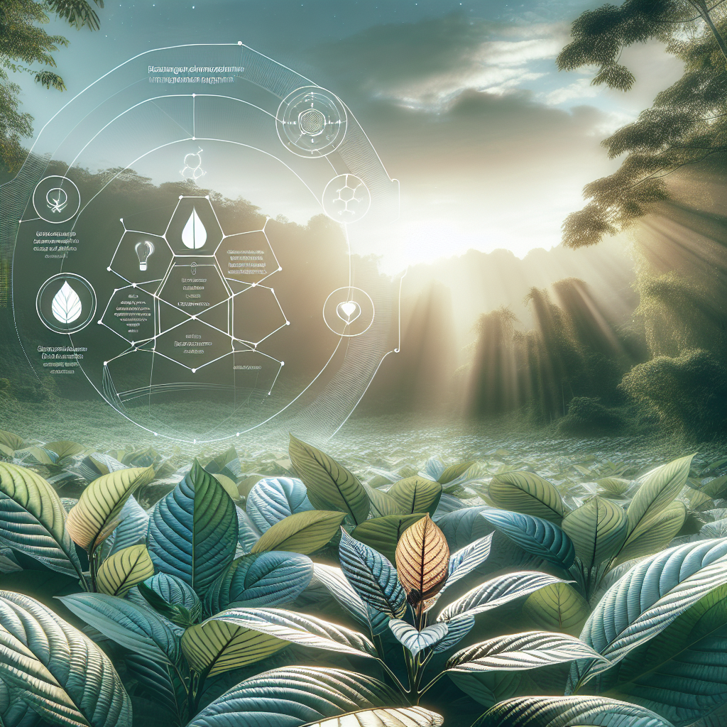 A striking image of a beautifully lush, expansive kratom plantation bathed in soft sunlight. Specifically, rows of White Indo kratom plants stand out, their unique presence filling the composition with a sense of botanical wonder. In the foreground, some leaves are larger and positioned as if showing the camera their exotic characteristics. Floating above this scene, a stylized infographic text bubble outlines several key benefits of using this plant. The overall palette evokes feelings of calmness and serene tranquility, much like the effects of the Kratom itself.