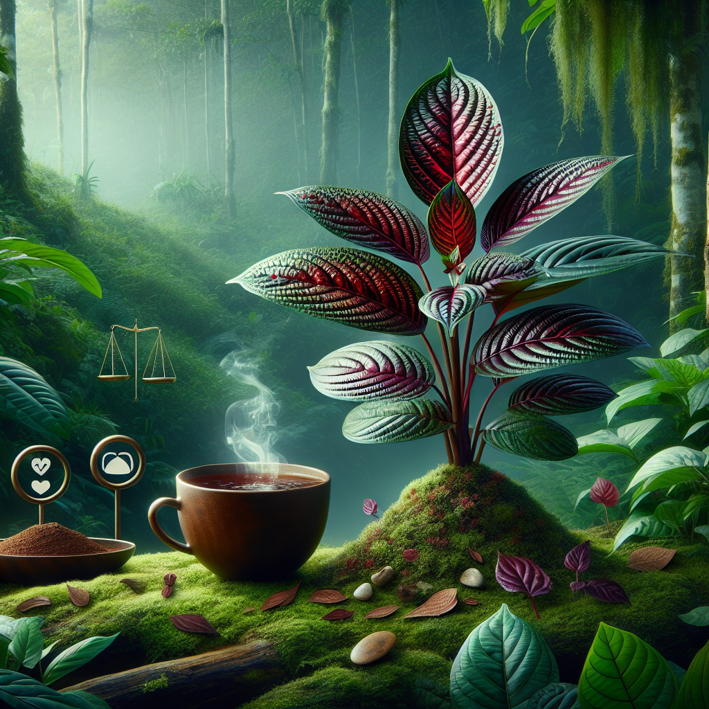 A striking scene representing the benefits of Bentuangie Kratom for your well-being. Visualize a serene rainforest scene with abundant, lush greenery. In the foreground, a vibrant, richly colored Bentuangie Kratom plants known for their red veins and dark leaves are seen. Close by, a teacup emanates a gentle steam, filled with a soothing tea made from the crushed leaves of this plant. A peaceful ambiance surrounds the scene, reinforcing the plant's calming effects. Add gentle icons of health and wellness around the scene - a calm mind symbol, a balanced scale, a heart, hinting at the myriad benefits this plant offers.