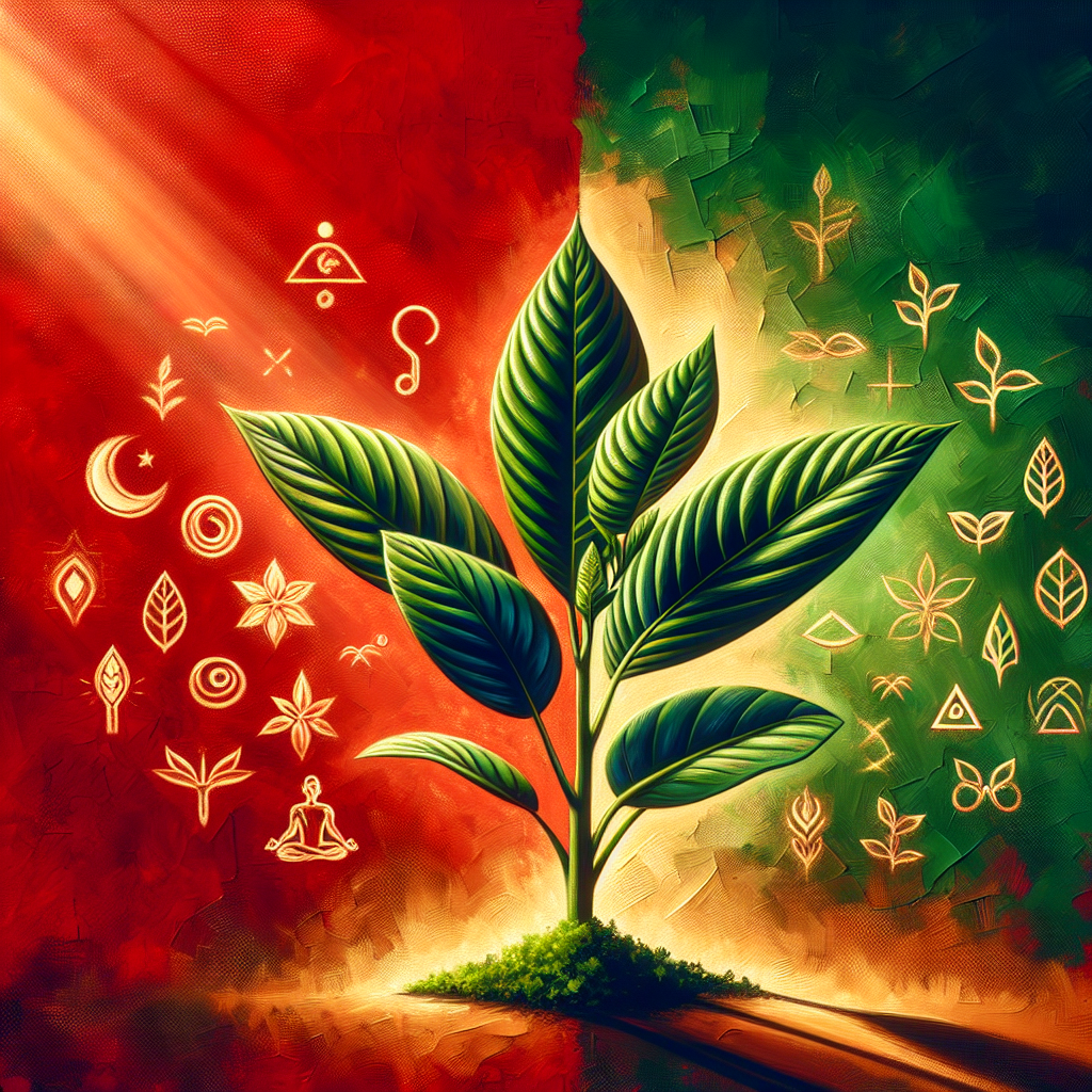 Picture a vibrant duel between green and red on canvas. A rich, green Kratom plant, full of life and depth, stands firmly in a beautifully textured background. This plant is distinctive - its horned leaves are an intriguing feature. Sunlight is warming the locales, casting lights and shadows, giving depth and detail to the scene. Meanwhile, on the other side of the painting, visualize wellness symbols elegantly drawn. These can include signs like a serene Yoga pose, a balanced energy icon or even a calming, meditative face. Both entities of the drawing represent the cornerstones of this article, namely Horned Kratom and its benefits for wellness.