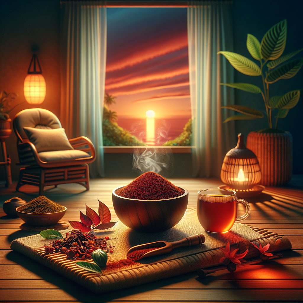Picture a serene and calming environment embodying ultimate relaxation. In the center, there's a table with a small pile of reddish-brown, ground Maeng Da Kratom leaves. Nearby, a cup of hot Kratom tea steams subtly. Surrounding elements suggest tranquility, including a soft plush chair, a small bamboo fountain bubbling, and a low-lit lamp casting a warm glow. Outside the window, there's a radiantly setting sun painting the sky with streaks of orange and pink. This peaceful scene encapsulates the theme 'Red Maeng Da Kratom: Must-Have for Ultimate Relaxation.'