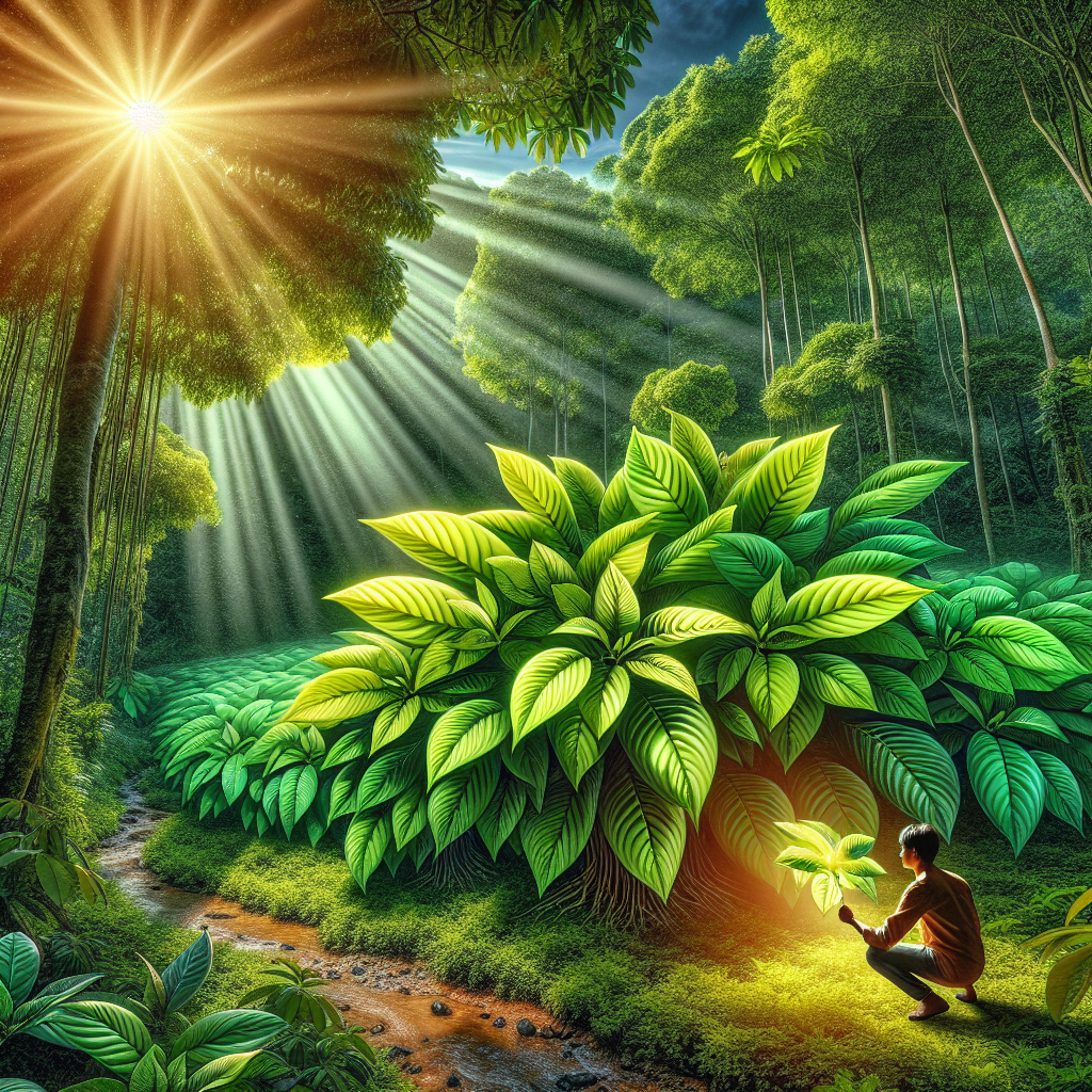Visualize an organic scenario: A cluster of Green Borneo Kratom trees flourishing in the rich soils of a lush tropical forest. The sun's rays permeate the thick canopy, casting a warm, vibrant glow on the beautiful, broad shaped leaves. Nearby, a serene individual of South Asian descent is seen grounded in nature, carefully plucking these leaves, ready to experience the acknowledged benefits of this natural supplement. The picture is captioned with bold, stylized text: 'Green Borneo Kratom: Stunning Benefits You Must Try!'