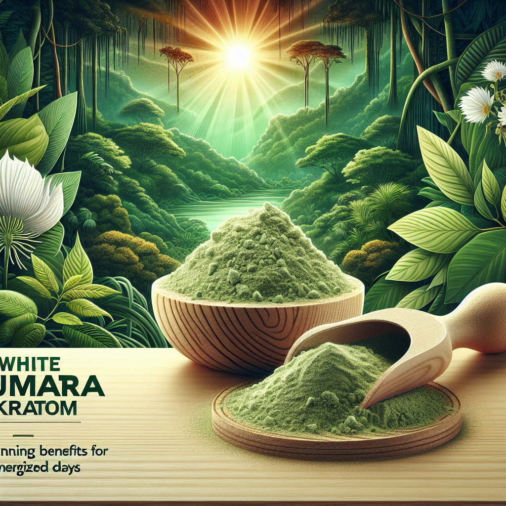A vivid illustration of finely ground white Sumatra Kratom powder. The powder has a natural, deep green tone. It's laid out in an intricate, circular pattern on a richly textured light oak surface. A small, meticulously carved wooden scoop brimming with the same powder is placed next to it. The backdrop portrays a lively scene of the lush, green tropical rainforests of Sumatra where the Mitragyna speciosa or kratom tree grows. A rising sun cuts through the dense canopy, symbolizing the idea of 'energized days'. The title 'White Sumatra Kratom: Stunning Benefits for Energized Days' is embedded in the foreground with elegant, modern typography.
