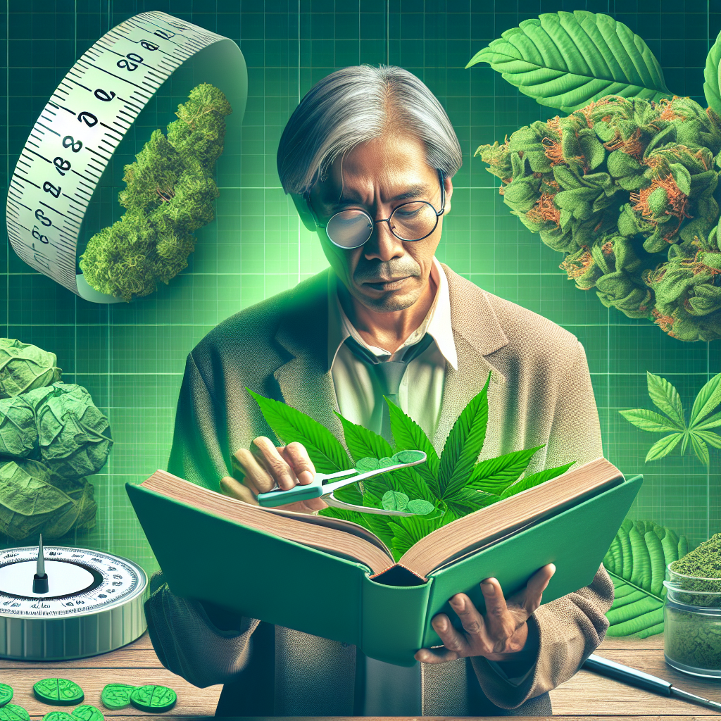 Generate an image showcasing the theme of an article about Kratom Dosage. Show a variety of Kratom strains in shades of green against a backdrop of a botanical guide book. Depict a South Asian man with a receding hairline and glasses judging the correct dosage with a medical measuring scale while reading the guide book. Include a gradient green overlay to emphasize the theme of the article.