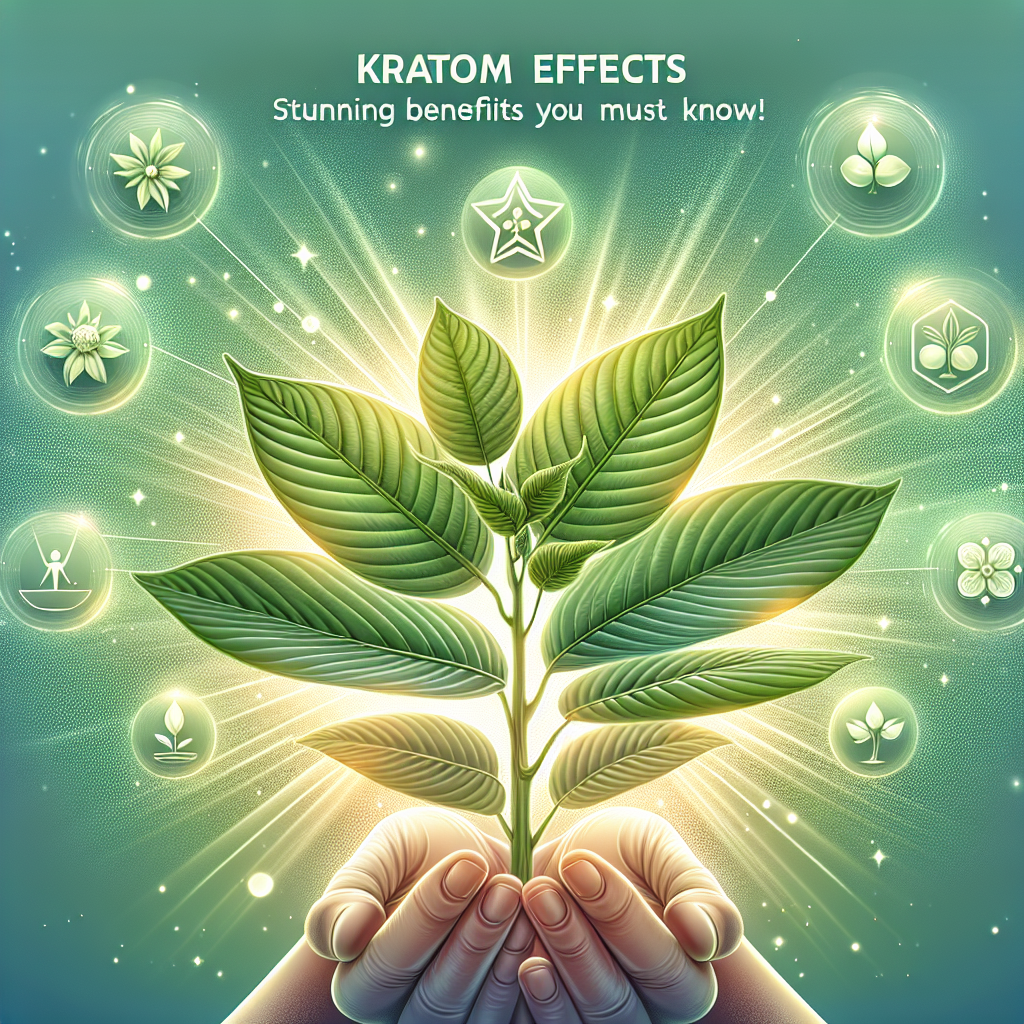 A detailed illustration showcasing the plant known as Kratom, with its leaves tenderly held by an anonymous person's hands. A radiant background made of a soft gradient of light‑green hues surrounds the Kratom plant, subtly reflecting its medicinal qualities. Floating around the plant are translucent icons representing Kratom's potential benefits such as a calm mind, pain relief, and improved mood. The text, 'Kratom Effects: Stunning Benefits You Must Know!' is clearly displayed in a friendly and professional font at the top of the illustration.
