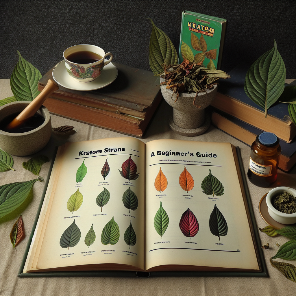 A still life setting illustrating a guide for beginners on Kratom strains. The scene includes a opened book with 'Kratom Strains - A Beginner's Guide' visible on its pages. The background features a variety of Kratom leaves with their respective strains labeled under each. Among these variants, three leaves catch the most attention: a green one, a bright red, and a dull white, each distinct in their shape and texture. Besides the book, a tea cup filled with a dark liquid sits on a saucer, suggestive of Kratom tea. At the far end is a mortar and pestle with crushed leaves.