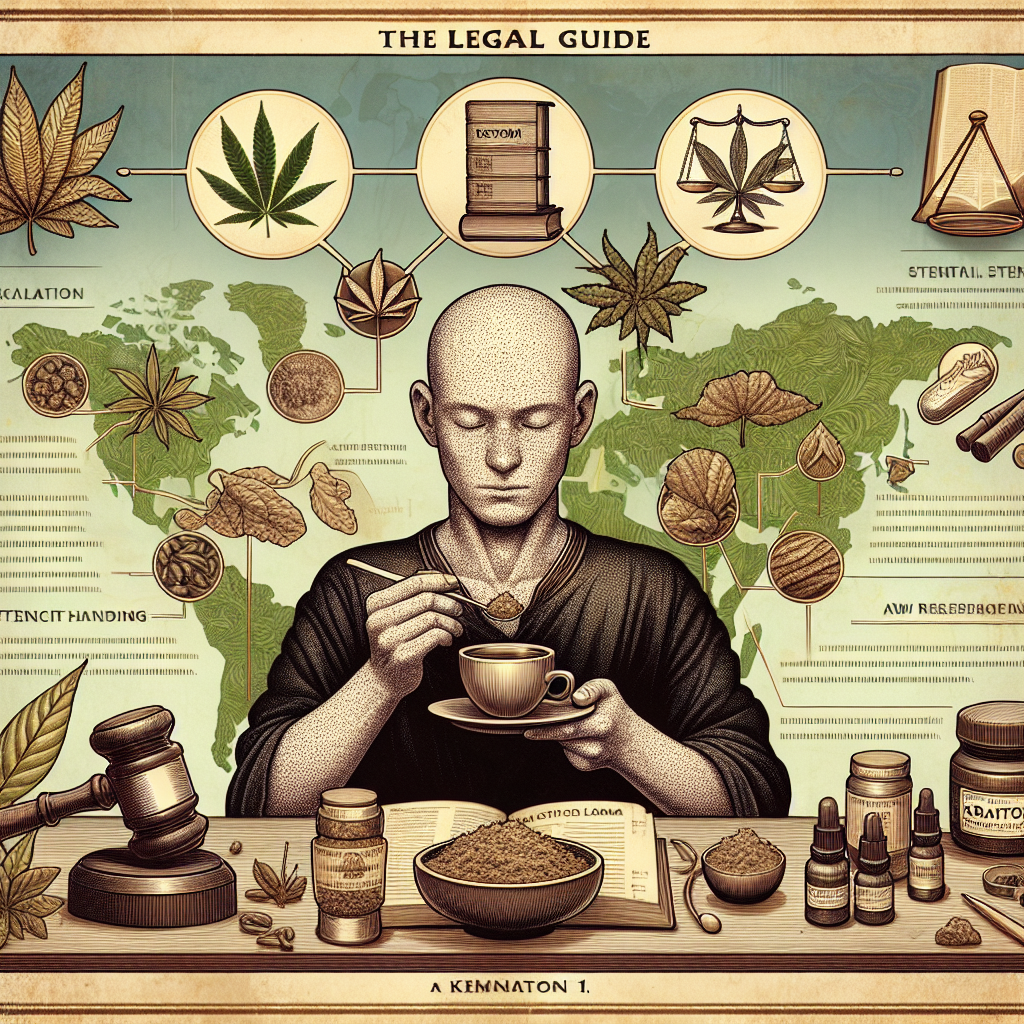 A comprehensive visual guide highlighting the legality aspects of Kratom use. The image underscores a contrast between the implications of its legal use, represented by a person freckled with serenity, holding a cup of calming Kratom tea, and potential legal repercussions, symbolized by a gavel and law books in the background. Maps of various countries are subtly integrated into the background to portray a global perspective on Kratom's legal status. Essentials such as measuring spoons and product packaging suggest safe handling and use guidelines, while a variety of Kratom leaf strains are artistically showcased. The medieval-styled, hand-drawn aesthetic adds an informative, ancient guide feel.