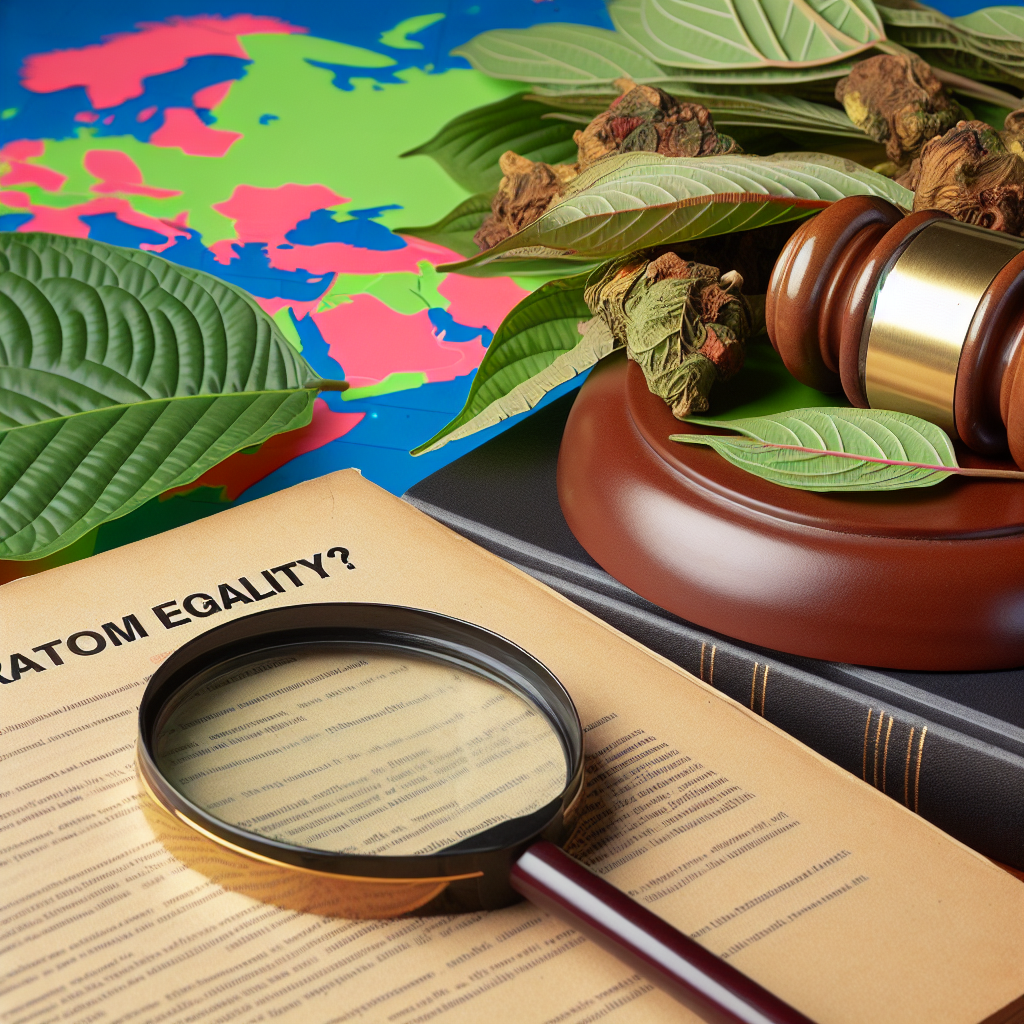 A wooden gavel resting on a book of laws, next to a bundle of Kratom leaves. In the background, there's a map showing different countries shaded in two distinct colors, implying the diverse legal status of Kratom globally. Forefront stands a large magnifying glass, focusing on the text that reads 'Kratom Legality?'