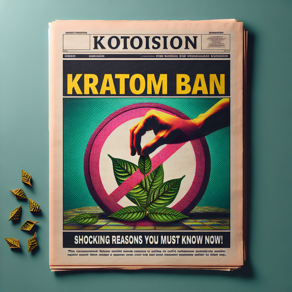 Envision a striking image that represents the topic of a Kratom ban. Picture a layout that resembles a newspaper article header, with large, bold letters exclaiming 'Kratom Ban: Shocking Reasons You Must Know Now!' at the top. Have a background of a hand dropping dried kratom leaves into a symbolic 'prohibited' sign, conveyed through a circle with a diagonal line. Emphasize the contrast, with vivid colors to capture reader attention, and operate within the boundary of seriousness related to the subject. Ensure to present a visually compelling and informative representation.