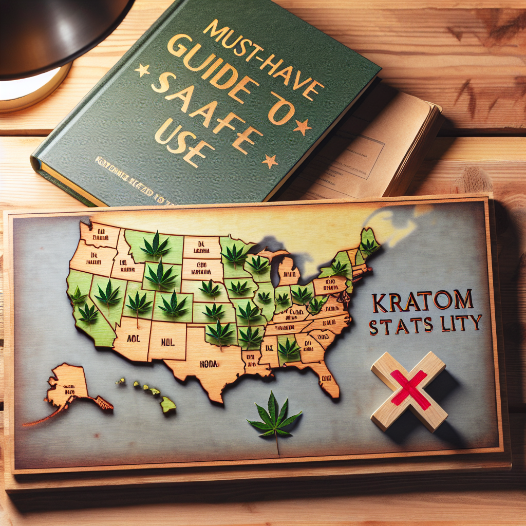 Visualize a wooden map of the United States, laid out on a rustic desk with a soft overhead light illuminating it. The states where Kratom use is legal are marked with green leaves, whereas the ones where it's not are marked with red 'X' symbols. In the corner of the desk, a comprehensive guidebook titled 'Must-Have Guide to Safe Use' lies open, with the hand-written note 'Kratom States Legality' on a bookmark peeping out. Express the tone in a professional and informative theme.