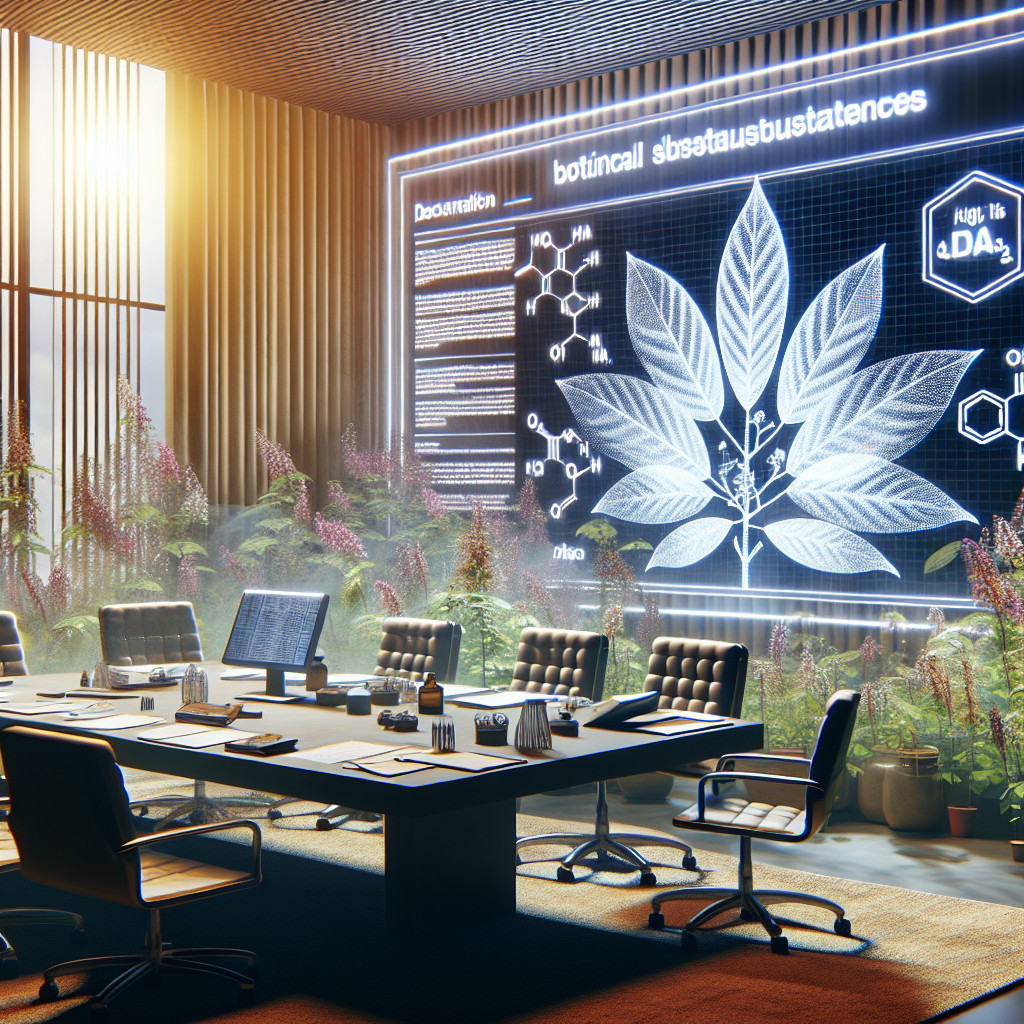 Visualize an informative and safe environment where a detailed discussion about botanical substances is taking place. The scene includes a large table with documentation and reports, a monitor illustrating the molecular structure of the plant Mitragyna speciosa, commonly known as Kratom. The aura of the room signifies seriousness towards safety and regulations. Also, include a signpost hinting the involvement of the DEA. This image should evoke a sense of rigour and adherence to legality.