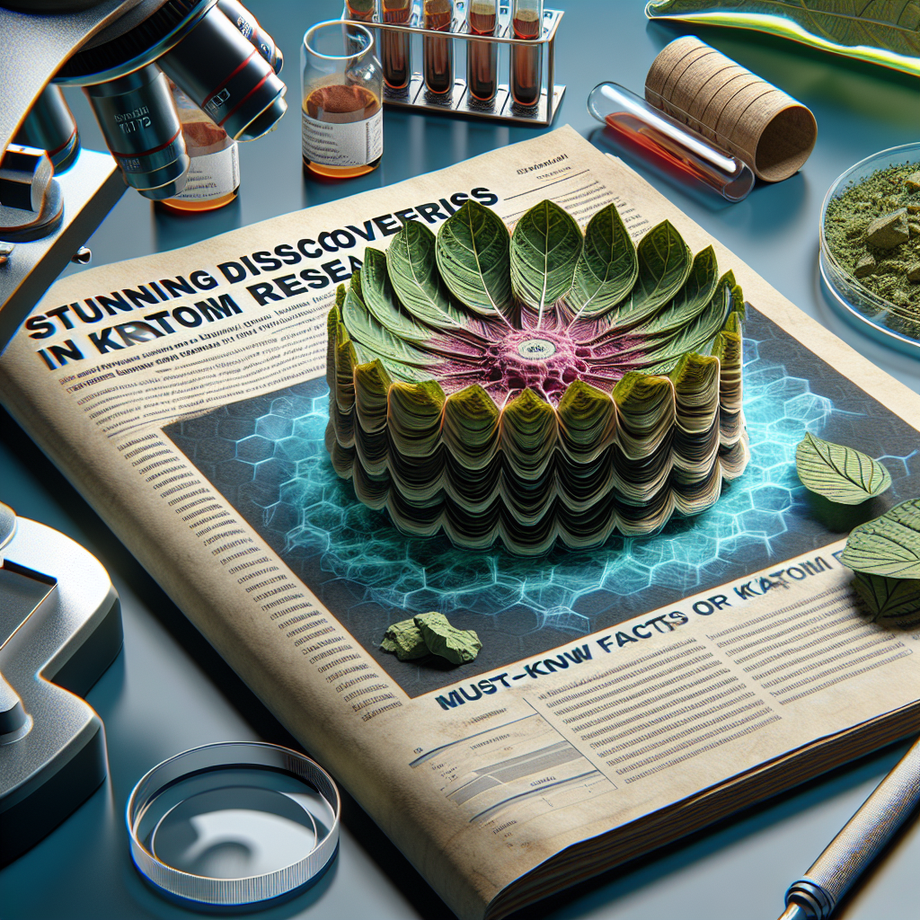 A 3D micrograph showing the cellular structure of the Kratom leaf, nestled on an open scientific journal that features headlines such as 'Stunning Discoveries in Kratom Research' and 'Must-Know Facts about Kratom'. To the side, there's a microscope, test tubes filled with crushed kratom leaves for analysis, and a lab coat draped over a chair. The atmosphere is one of deep scientific research and breakthrough discoveries.