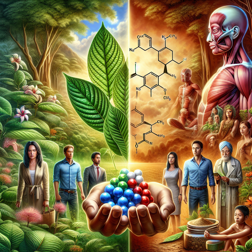 A highly detailed and vibrant image depicting different aspects of Kratom and its alkaloids. The left half of the picture should present the Kratom plant in its natural habitat, lush and full of green leaves. The right half should feature a molecular representation of the significant alkaloids found in Kratom, magnified and detailed, highlighting their intricate structures. In the center, please depict a diverse group of people - a Caucasian male, a Hispanic female, a Black male and a South Asian female - interestedly examining the plant and the molecular structures, signifying their interest in wellness and natural remedies. The background should be set in an Earthy, peaceful environment suggesting wellness and tranquility.