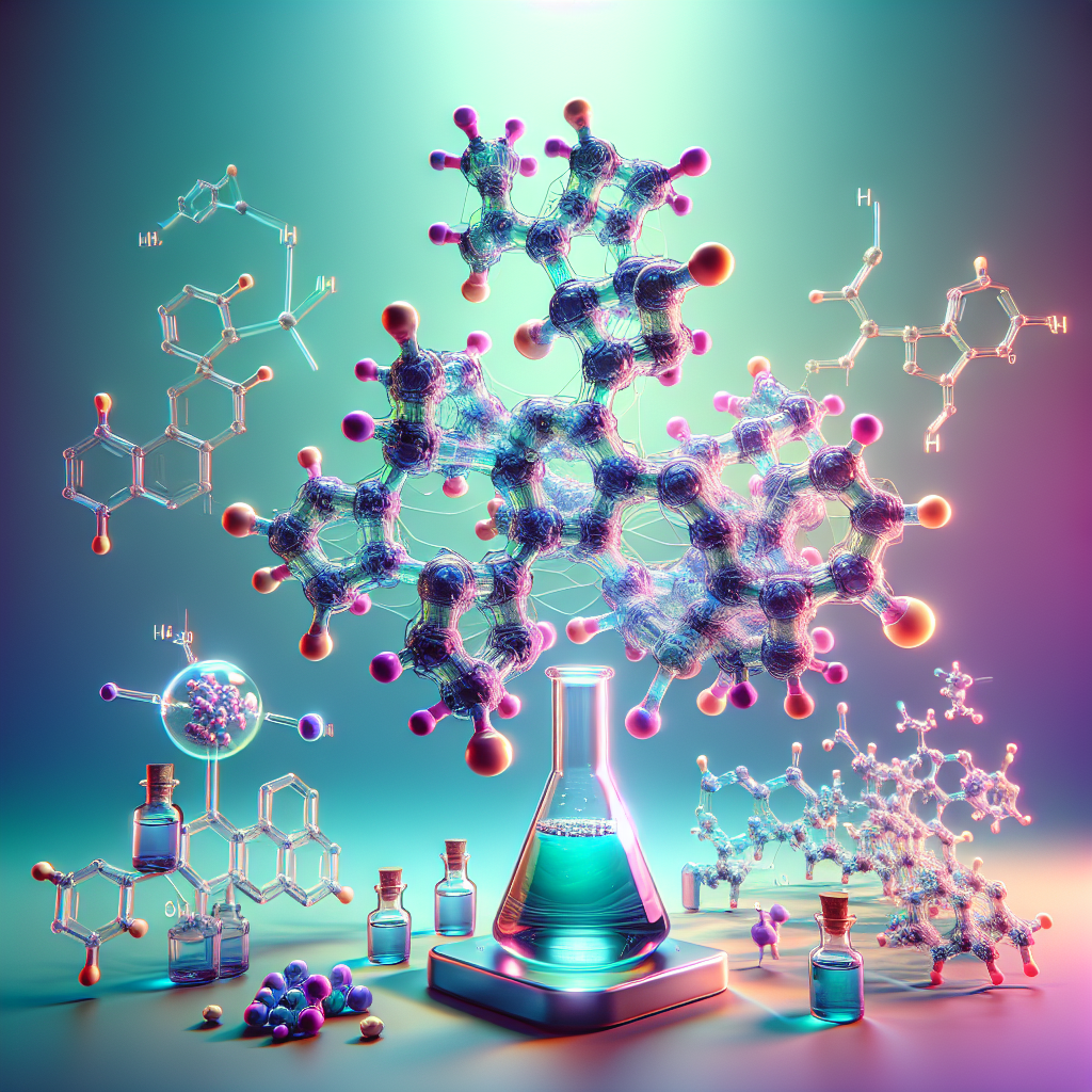 A captivating image of a digitally rendered 7-Hydroxymitragynine molecular structure. Picture this intricate molecular motif floating in the center against a serene gradient background, softly transitioning from aqua to lavender. Also include an illustrated lab flask subtly placed at the bottom, filled with a glimmering solution. Add stylized textual elements to elucidate the topic - '7-Hydroxymitragynine' is composed out of vibrant, 3D letters hovering above the molecule, whereas in contrast, strategically situated closer to the flask's mouth is 'The Stunning Solution You've Been Seeking', spelled out with thin, gentle fonts that imply a sense of delightful discovery.