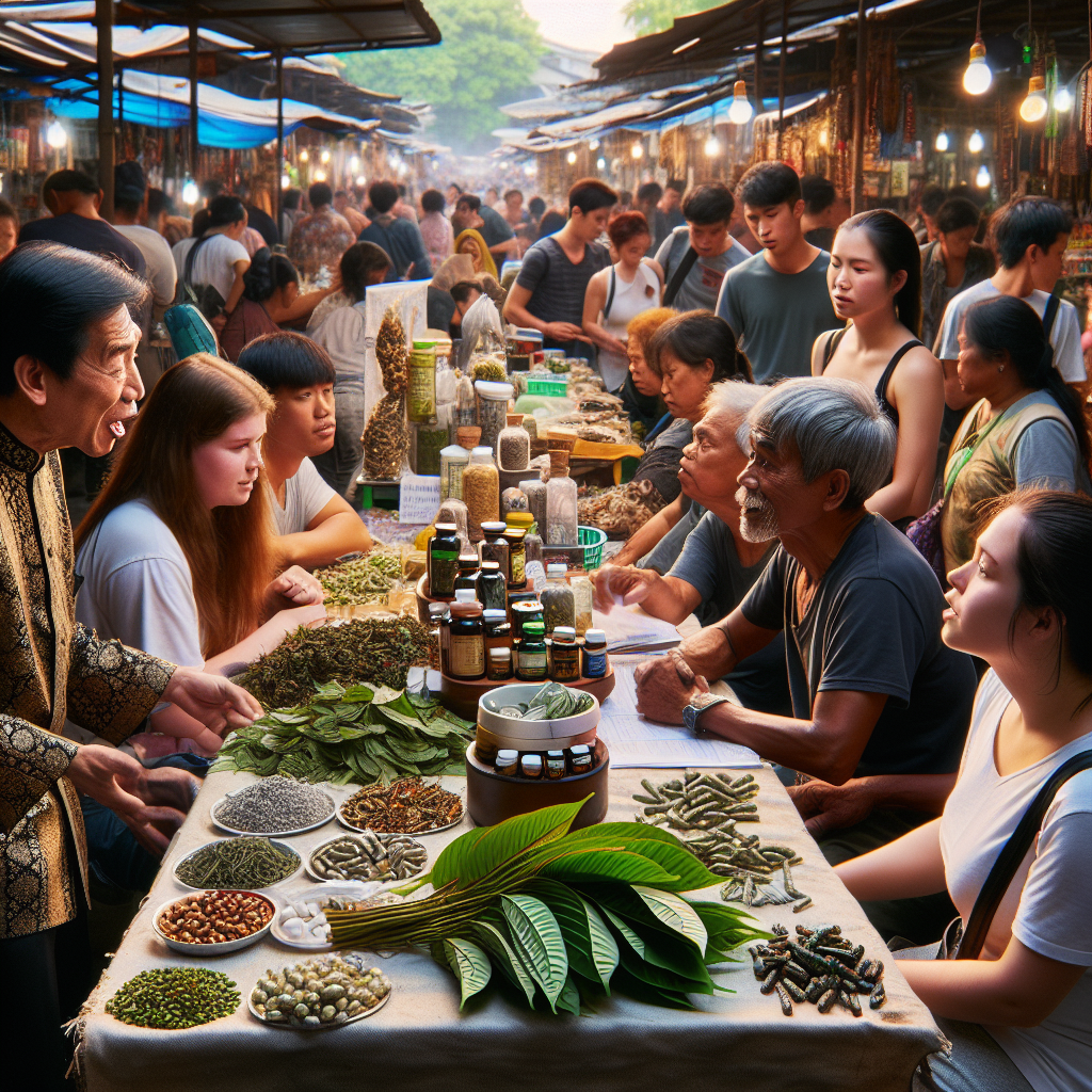 Show a scene of vendors in a lively open-air market specializing in selling Kratom, a traditionally used medicinal plant in Southeast Asia. It's early morning and each vendor has a table displaying various forms of Kratom – leaves, capsules, and powders. There is one vendor, an experienced Asian man, passionately explaining the qualities of the different Kratom products to an interested Caucasian buyer. Other market visitors, of diverse genders and descents including Hispanic, Black, and Middle-Eastern, are seen browsing and inquiring at other stalls. Accentuate the vibrant green hue of the Kratom leaves in contrast with a bustling, earthy marketplace background.