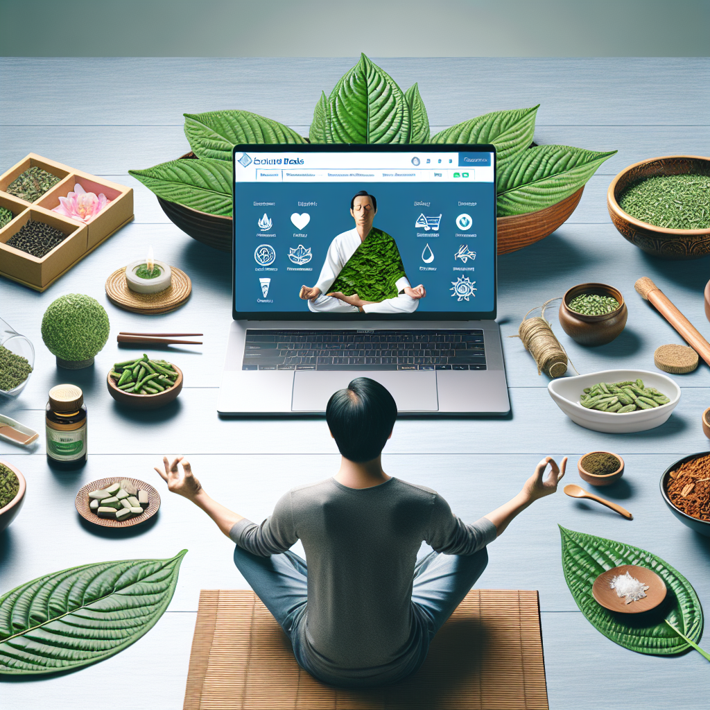 Create an image portraying a serene wellness scenario, featuring a person of East Asian descent, comfortably seated, possibly in a meditation posture. Surround them with elements representative of online shopping such as a laptop displaying a leafy, green herbal product - like Kratom. Show various herbal products around the room indicative of health and wellness. Let there be a badge or emblem showing the term 'exclusive deals', perhaps on the laptop screen. Keep the atmosphere tranquil, indicative of effortless wellness. The style should be contemporary, highlighting a balance between technology and traditional wellness practices.