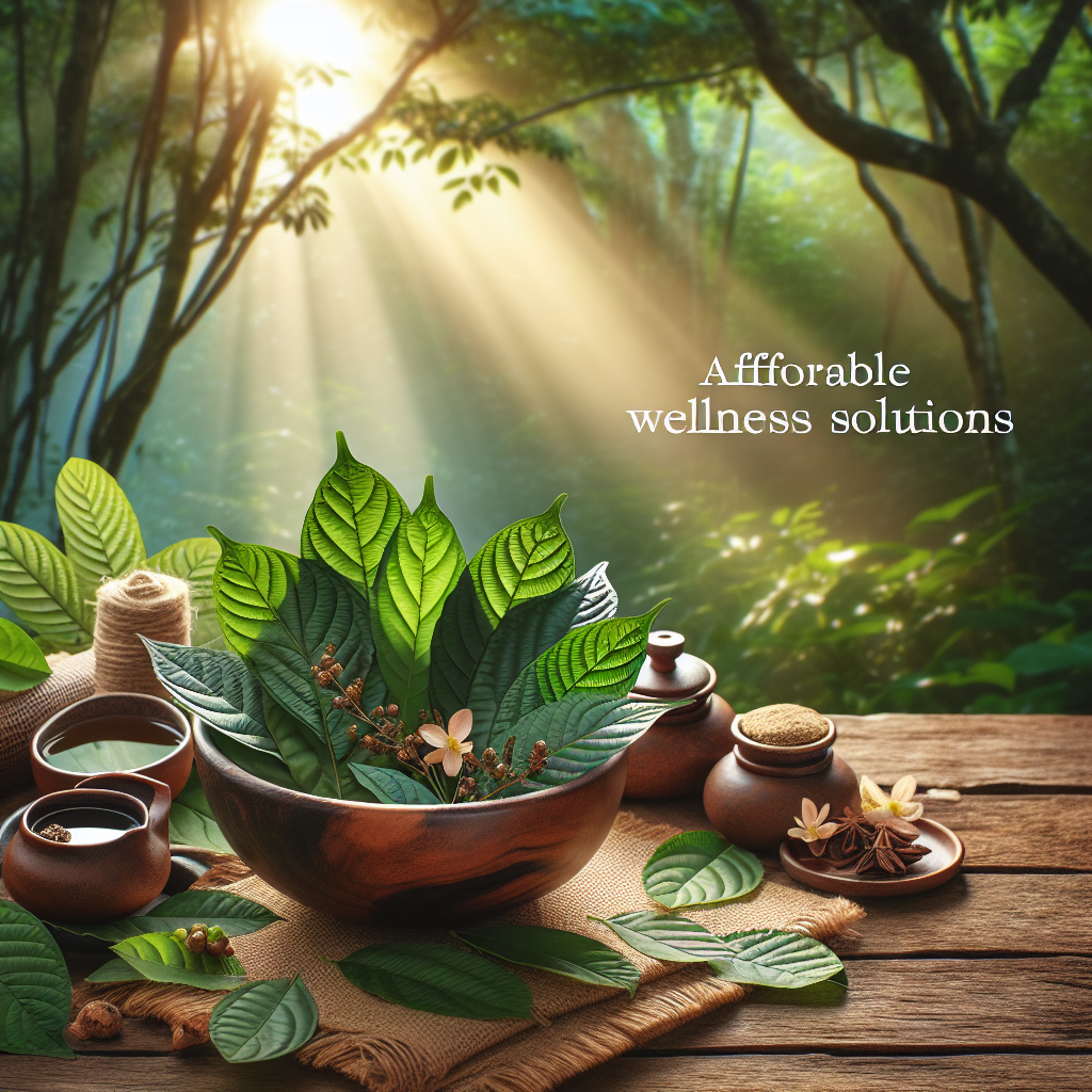 An image depicting a range of affordable wellness solutions set in a serene, natural environment. The focal point is a collection of Kratom leaves, freshly plucked from a healthy, lush Kratom tree. These leaves are placed in a rustic wooden bowl. Close by, there are items signifying affordable wellness methods such as yoga mats, herbal tea cups, and meditation cushions, subtly placed within the scene. The backdrop shows gentle sunlight breaking through a canopy of trees, casting dappled light on the scene.