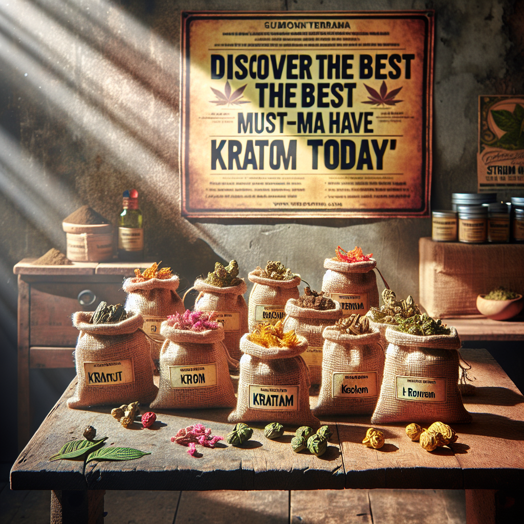 An image of various types of kratom strains laid out on a rustic wooden table. Each strain is tucked in a different small hessian sack with hand-written labels indicating their names. The table is set against a background of a textured wall with a poster that reads 'Discover the Best Must-Have Kratom Strains Today'. There's a gleam of afternoon sunlight hitting the table, casting long shadows and highlighting the vibrant colors of the kratom strains. The scene exudes a warm and inviting atmosphere, enticing the observer to explore the world of kratom strains.