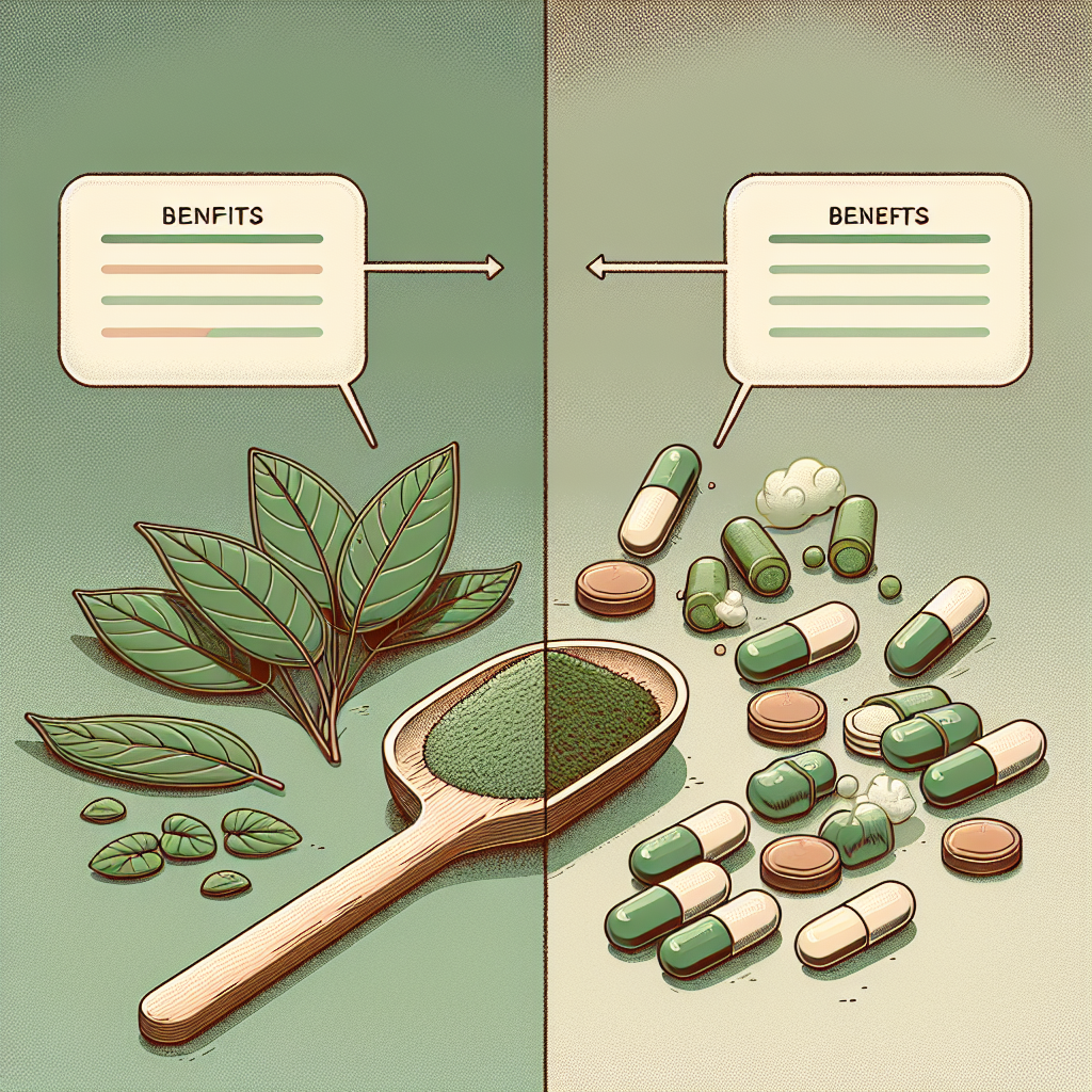 Illustration of a split image showing on one side a small pile of green kratom powder with a wooden spoon, and on the other side a handful of kratom capsules. Between the two, a distinct line separates them and informational bubbles ascending from each side summarizing key benefits of both forms. Subtle lighting is employed to create a sense of heightened focus on the two kratom forms. The background is a muted color to ensure the main subjects stand out.