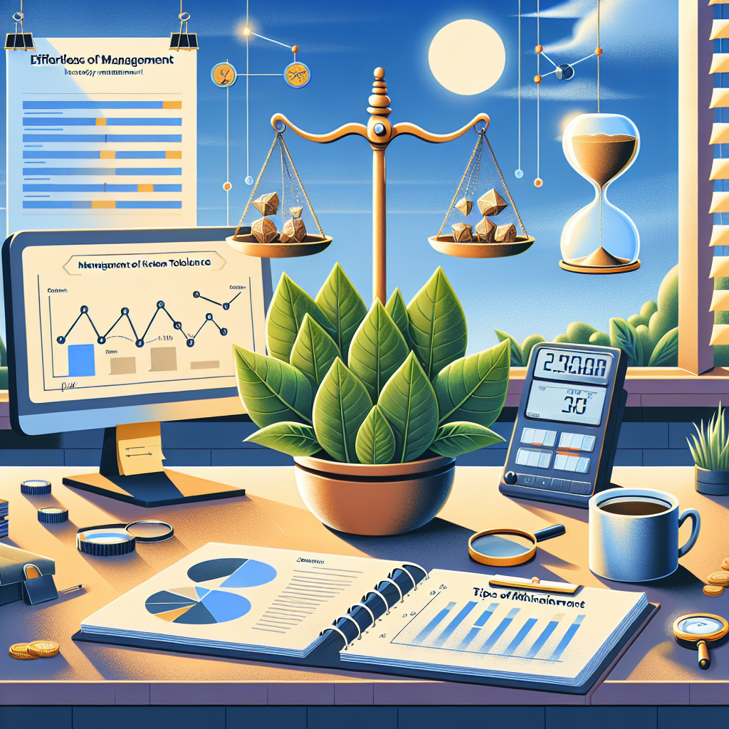 A primary theme is 'management of Kratom tolerance.' The image shows a desk with several items that represent 'effortless management.' There's a balanced scale representing control, a magnifying glass implying careful attention, and an hourglass signifying time. Papers scattered on the desk have graphs and notes on them visualizing the Kratom's chemistry. In the background, a digital calendar with reminders shines on a computer screen. A cup of Kratom tea sits in one corner, surrounded by a peaceful garden visible from a window. An infographic in the upper corner illustrates tips for maintaining Kratom tolerance.