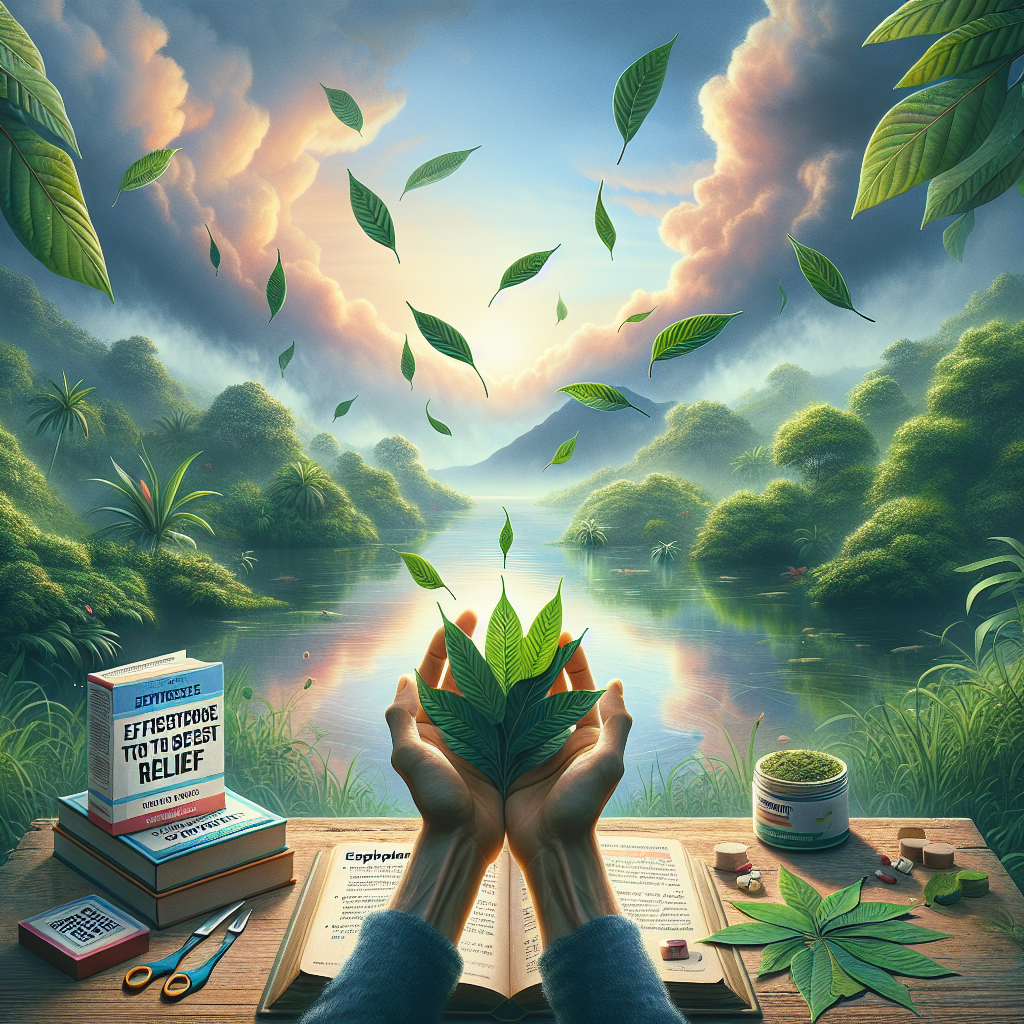 Visual depiction of a calming and serene natural environment, filled with lush greenery and tranquil waters reflecting the sky. In the centre, a pair of hands is releasing Kratom leaves to the wind, symbolizing the release of dependency. Beside the hands, there is a book titled 'Effortless Guide to the Best Relief', open to the middle where highlights and annotations are visible. The scene conveys a journey towards independence, health, and wellbeing after Kratom withdrawal