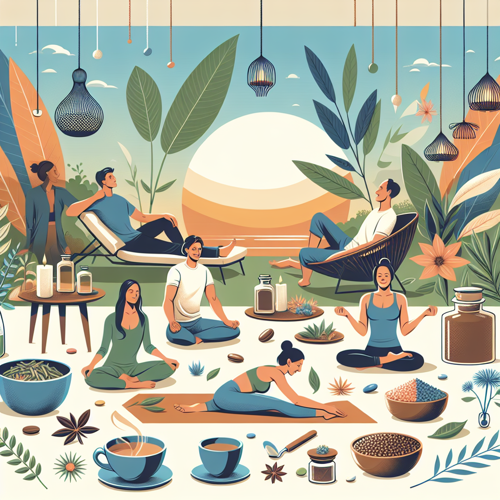 Illustrate the cover for an informational article titled 'Kratom Alternatives: Must-Have Options for a Better Experience'. The composition can include a diverse group of people, diverse in gender and descent, visibly enjoying moments of relaxation and well-being. In addition, feature various plants renowned for their calming properties, but do not directly reference Kratom. The backdrop could be themed towards a tranquil natural setting. For a holistic sense of health, include representations of tea cups, relaxing chairs, and tranquil candles. The style should be realistic, with bright and comforting colors.