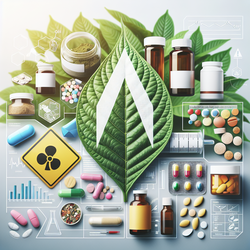 A safe and informative representation of Kratom, a herbal supplement used in traditional medicine, and its potential drug interactions. The image should feature a close-up view of Kratom leaves on one side. Beside them, depict a variety of common pharmaceutical tablets and capsules, indicating potential for interaction. Between them, illustrate a caution sign to symbolize the need for safety. In the background, portray a well-organized, yet unidentifiable, medical office setting for context. Should also include a list of general safety tips about drug interactions in an easily readable format.
