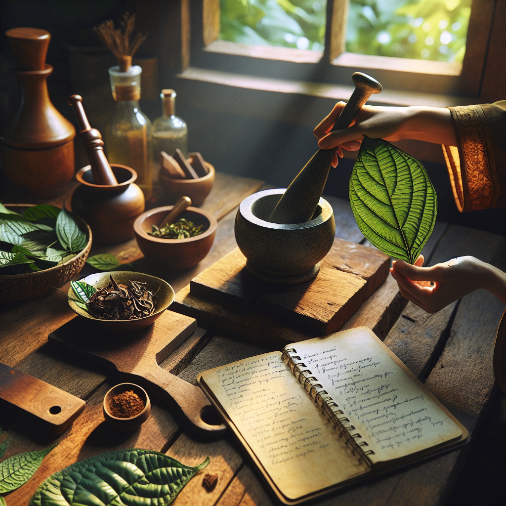 Picture the scene: a rustic wooden table sits in a cozy kitchen warmed by the afternoon sunlight that filters in from a window. Upon the table is an array of ingredients such as fresh kratom leaves, a mortar and pestle for grinding, and an inviting teapot radiating with warmth. A small notebook rests nearby, its pages filled with handwritten kratom tea recipes, waiting to be discovered. A hand, indicative of a South Asian woman, delicately picks up a kratom leaf, ready to prepare a new brew for relaxation.