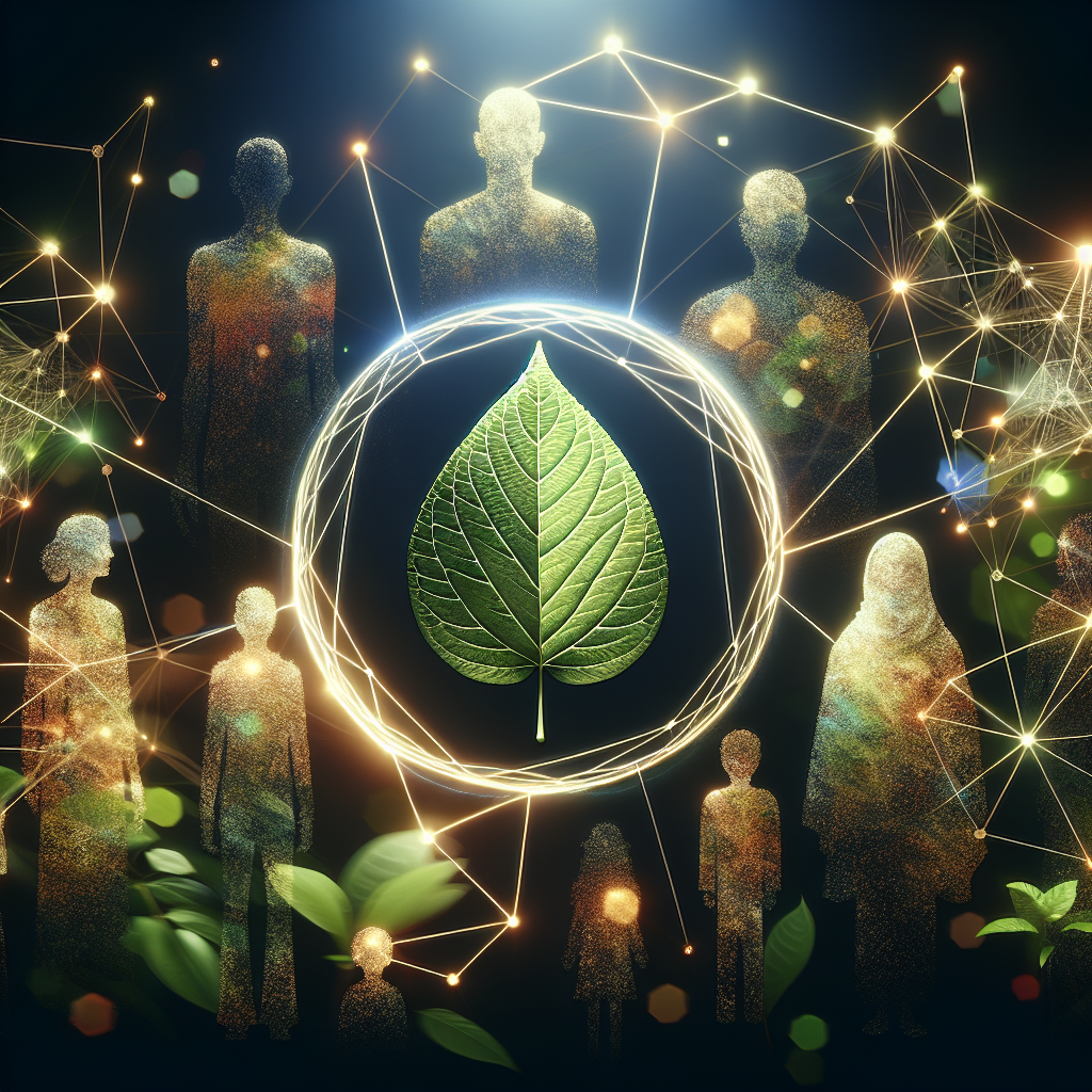 A digital rendering showcasing the concept of supportive networks. In the foreground, a slightly translucent emblem featuring the leaves of a Kratom plant shimmering in a warm green hue. In the background, various silhouettes of diverse individuals such as a Hispanic woman, a Black man, a Middle-Eastern elderly, a South Asian teenager, all connected by luminous lines representing communication pathways. Each line intersects at multiple points, signifying unity and the supportive network. The environment around them is filled with a subtle gradient of colors symbolizing positivity and wellness. The whole image emanates an aura of connectivity, support, and community spirit.