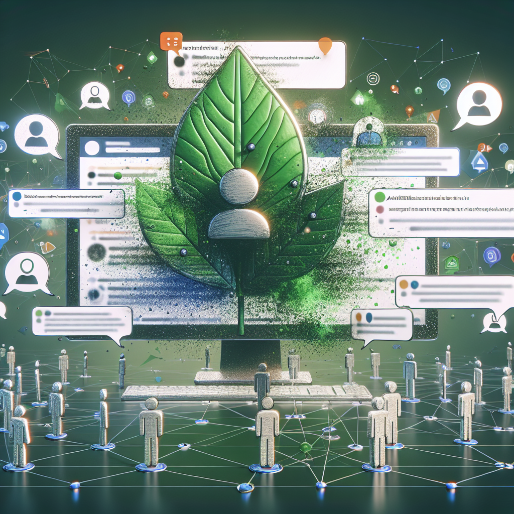 Visualize an abstract digital rendering of an online discussion forum. The background has a splash of green, symbolizing Kratom leaves. Balloons of dialogue surround a detailed 3D model of a computer screen, which has a collage of anonymous users, portrayed as icons, engaged in conversation about health, wellness, and alternative remedies. Dot connections between icons indicate the flow of conversations. A hovering title reads: 'Kratom Reddit Discussions: Exclusive Insights You Need'.