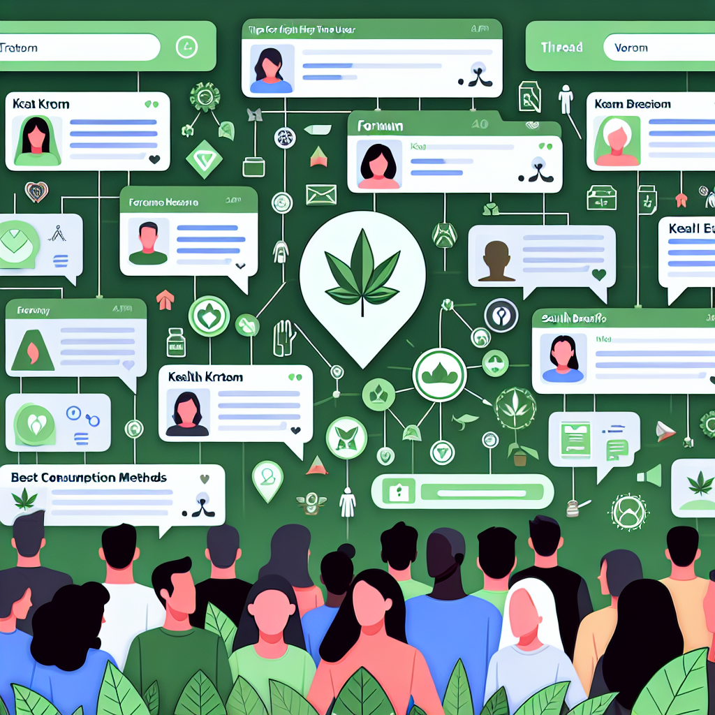 Depict a lively and busy online message board, with various threads, icons, and users represented. Display discussions on distinct thread titles such as 'Tips for First Time Kratom Users', 'Finding High-Quality Kratom', 'Best Consumption Methods', or 'Health Benefits of Kratom'. Showcase an interracial group of abstract human silhouettes with Caucasian, Hispanic, Black, Middle-Eastern, and South Asian origins to represent the userbase. Make the forum look welcoming and friendly, with a banner of green kratom leaves at the top for a relevant touch. Display a positive notification icon indicating a healthy and supportive community.
