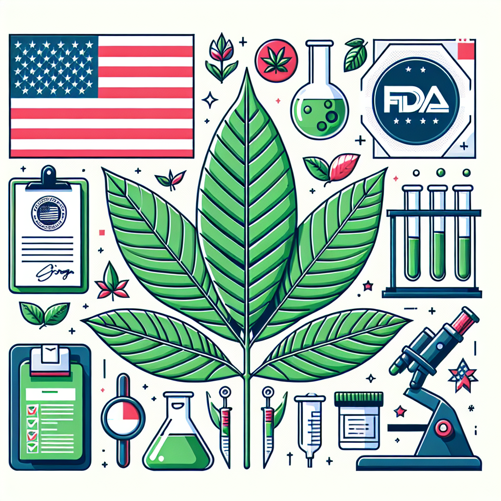 Create an image that illustrates the context of safety and quality assurance related to Kratom in the USA. Include visually striking and relevant elements such as Kratom leaves, an FDA stamp for approval, laboratory apparatus like test tubes, pipettes, and reports to signify rigorous testing, and a map or flag of the USA. To adhere to a professional aesthetic, utilize a color palette primarily using white and green. Do not depict any human figures.