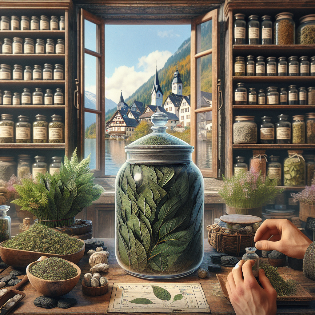 Imagine a detailed and realistic image set in Europe, specifically in a herbal shop located in a small village. The shop is charmingly rustic, with wooden shelves laden with various herbs and botanical specimens. The focal point of the image is a glass jar filled with dark green leaves labeled 'Kratom'. This jar stands out amongst other herbal jars. An unseen shopkeeper's hands are seen placing the jar on the counter, with a background of a picturesque European landscape visible through the shop window.
