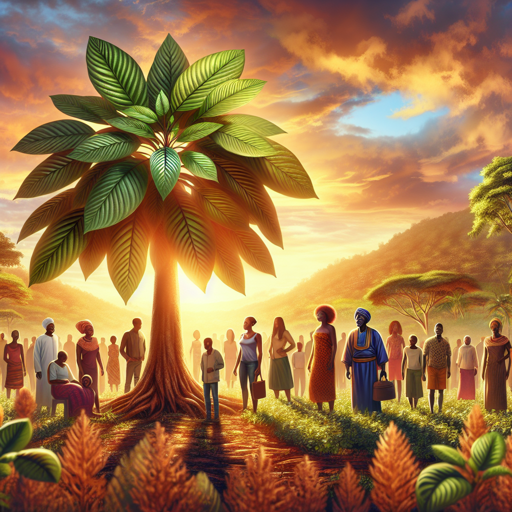 Depict a scene set in Africa with the focus being Kratom (Mitragyna speciosa), a tropical evergreen tree commonly found in Southeast Asia. Show the tree in full growth, its leaves radiating health. Include a group of people of diverse African descents, varying genders and varying ages, who appear healthy and energized, indicating the benefits of Kratom. Perhaps some are engaged in conversation suggesting an exchange of knowledge about the Kratom. A sunset in the back drapes the scene in warm colors, making the whole image stunning and hard to ignore.