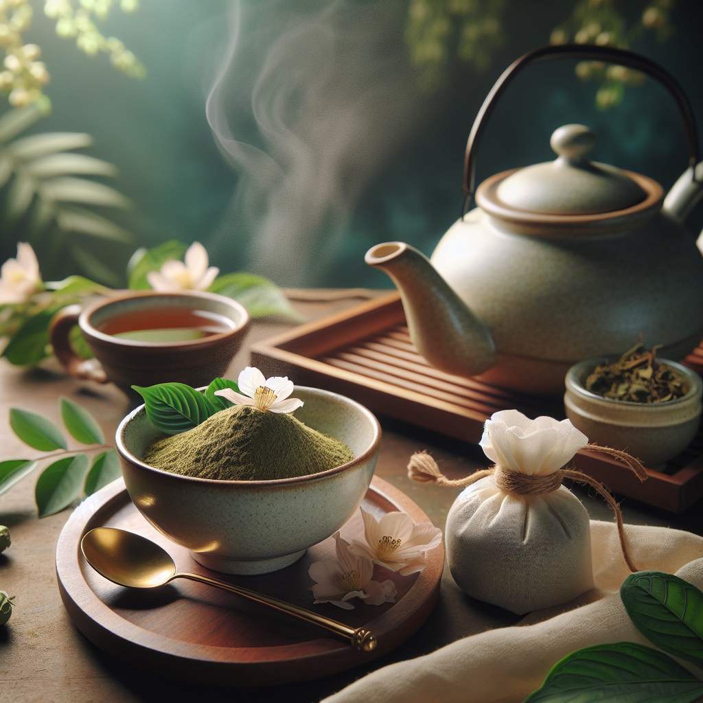 A serene herbal tea setting with a focus on the Kratom plant's leaves. The composition includes the powdered form of Kratom leaves in a porcelain bowl, delicate petals sprinkled around it. Next to them, there is a brass teaspoon and an organic cotton sachet filled with Kratom. A freshly brewed teapot is placed adjacent, emitting a gentle steam. In the background, a dimly lit, relaxing environment with soft greenery and diffused sunlight filtering through a window. Emphasize on the stress-free and tranquil atmosphere. No people present in the scene.