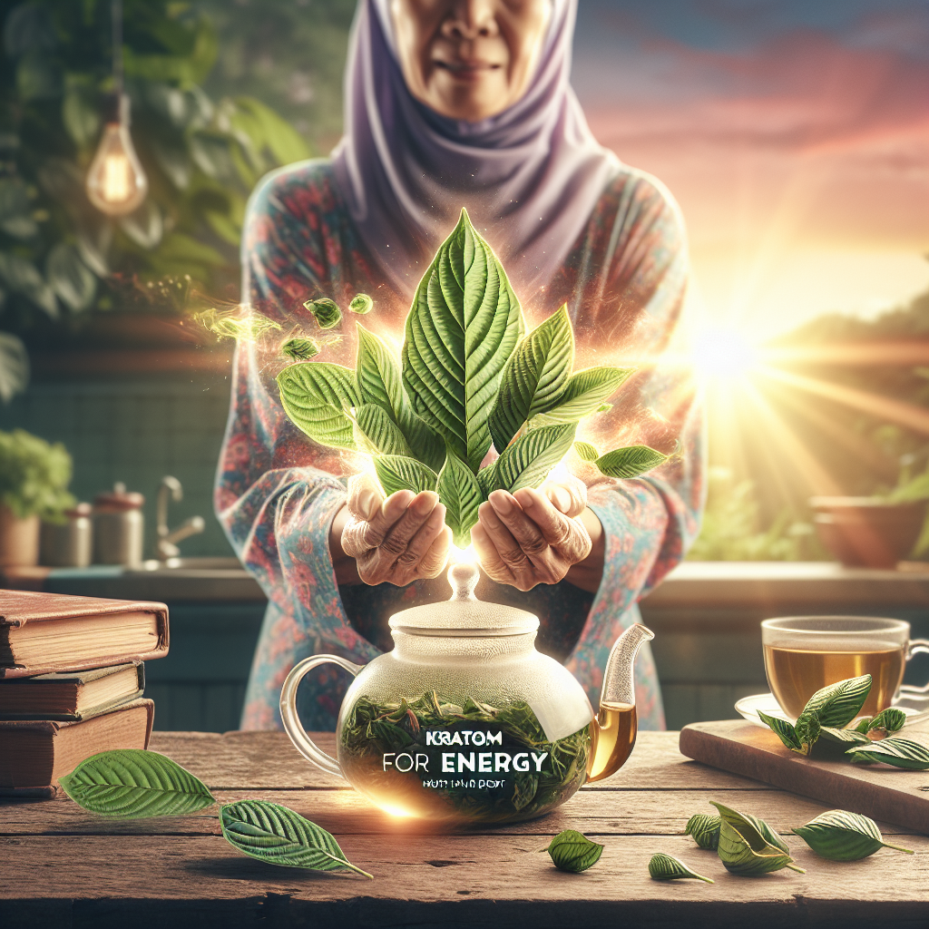 A vibrant image showing a handful of green, fresh kratom leaves emanating an aura of energy against a morning sunrise backdrop. A person, depicted as a middle-aged South Asian woman, is about to brew the leaves in a glass teapot on a rustic kitchen table. The woman appears energetic and joyful, suggesting an uplift from her morning ritual. Near the teapot, there's a pile of books about herbal remedies, subtly hinting at the subject of Kratom. Please add text overlay in an elegant, minimalist font, displaying 'Kratom for Energy: Must-Have Boost for Your Day'.