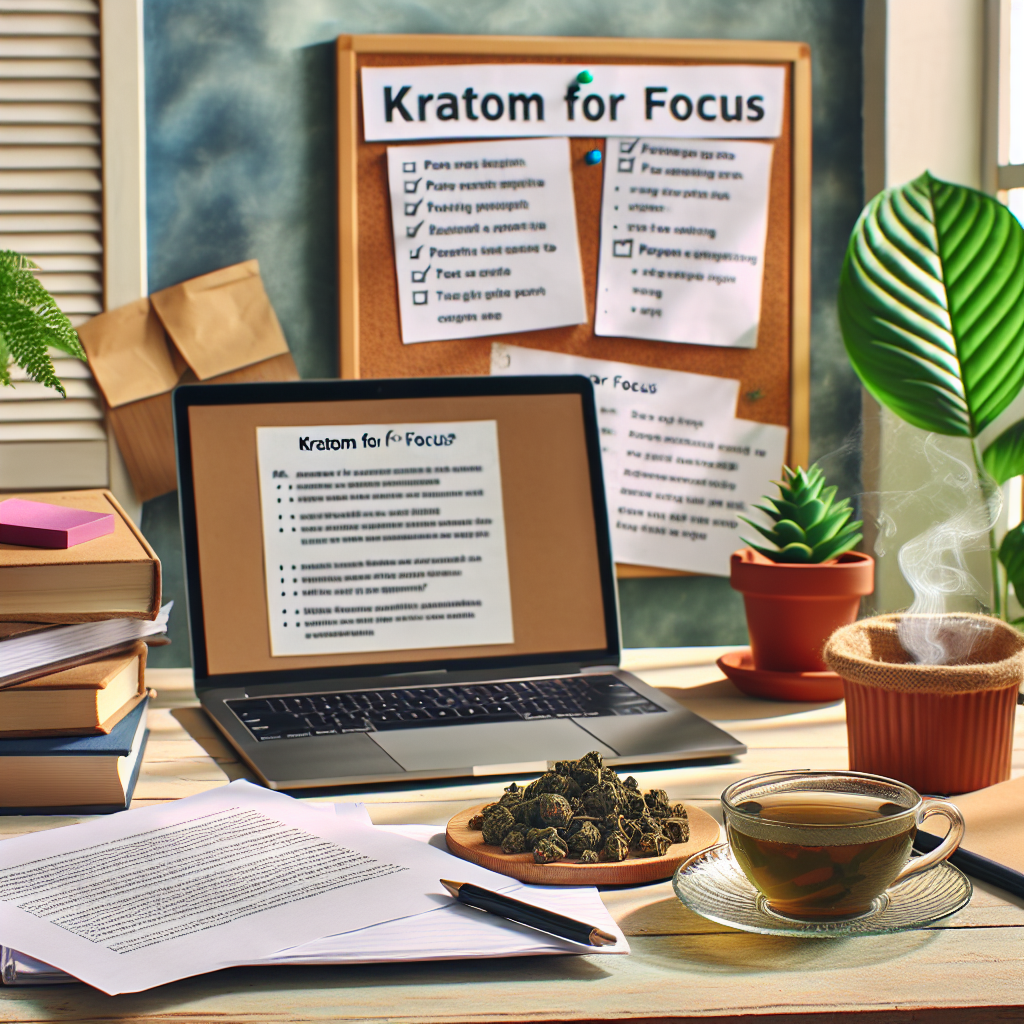 Picture a scene of a home office environment during daylight. An open laptop sits on a wooden table, several research papers are scattered around, and a cup of hot, greenish-brown Kratom tea is steaming nearby. A potted plant suggests an environment supporting focus and mindfulness. In the backdrop, a cork board displays hand-written notes titled 'Kratom for Focus' with bullet points outlining tips for effortless concentration. All elements in the image should suggest a calm, dedicated workspace promoting productivity through the use of natural aids like Kratom.